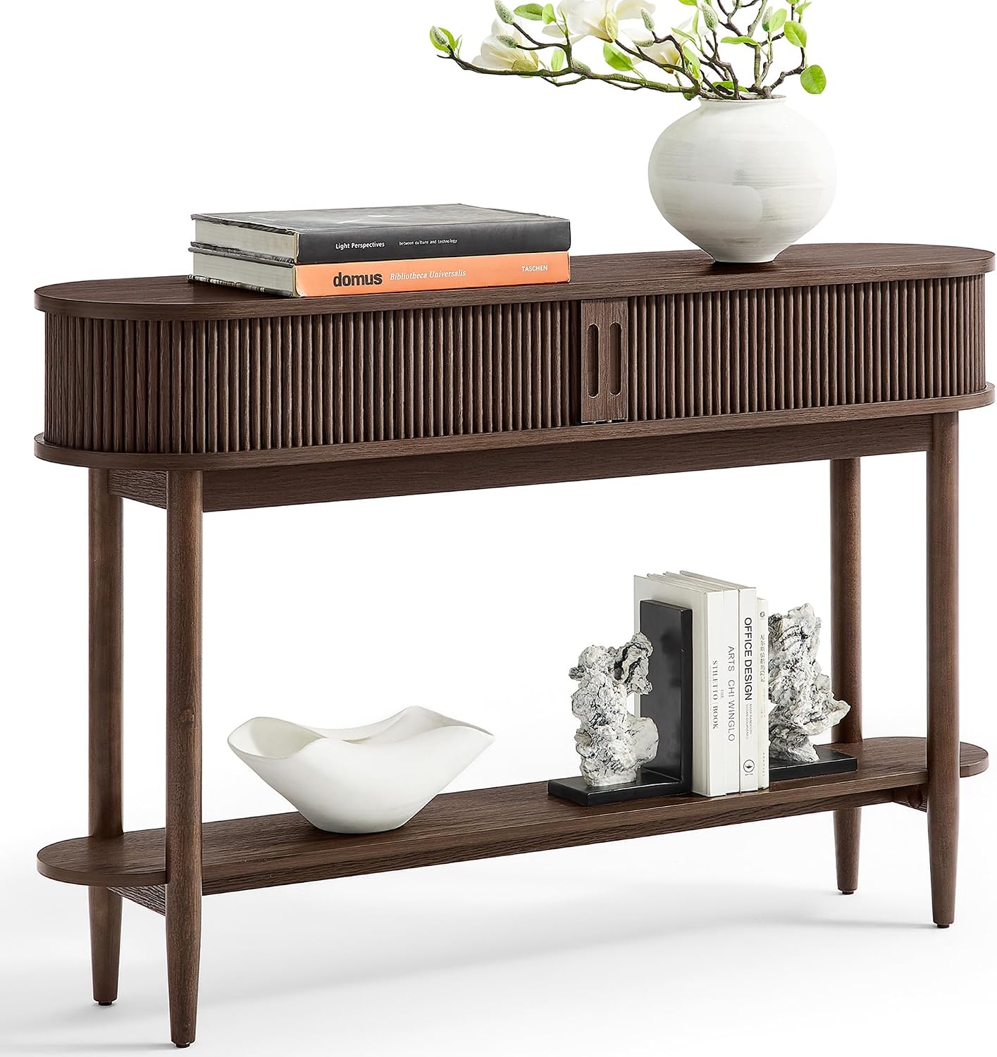 LINSY HOME Fluted Console Table, Mid-Century Modern Entryway Cabinet with Sliding Tambour Doors, Narrow Long Sofa Table, Behind-The-Couch Table for Living Room, Hallway (Brown Oak)