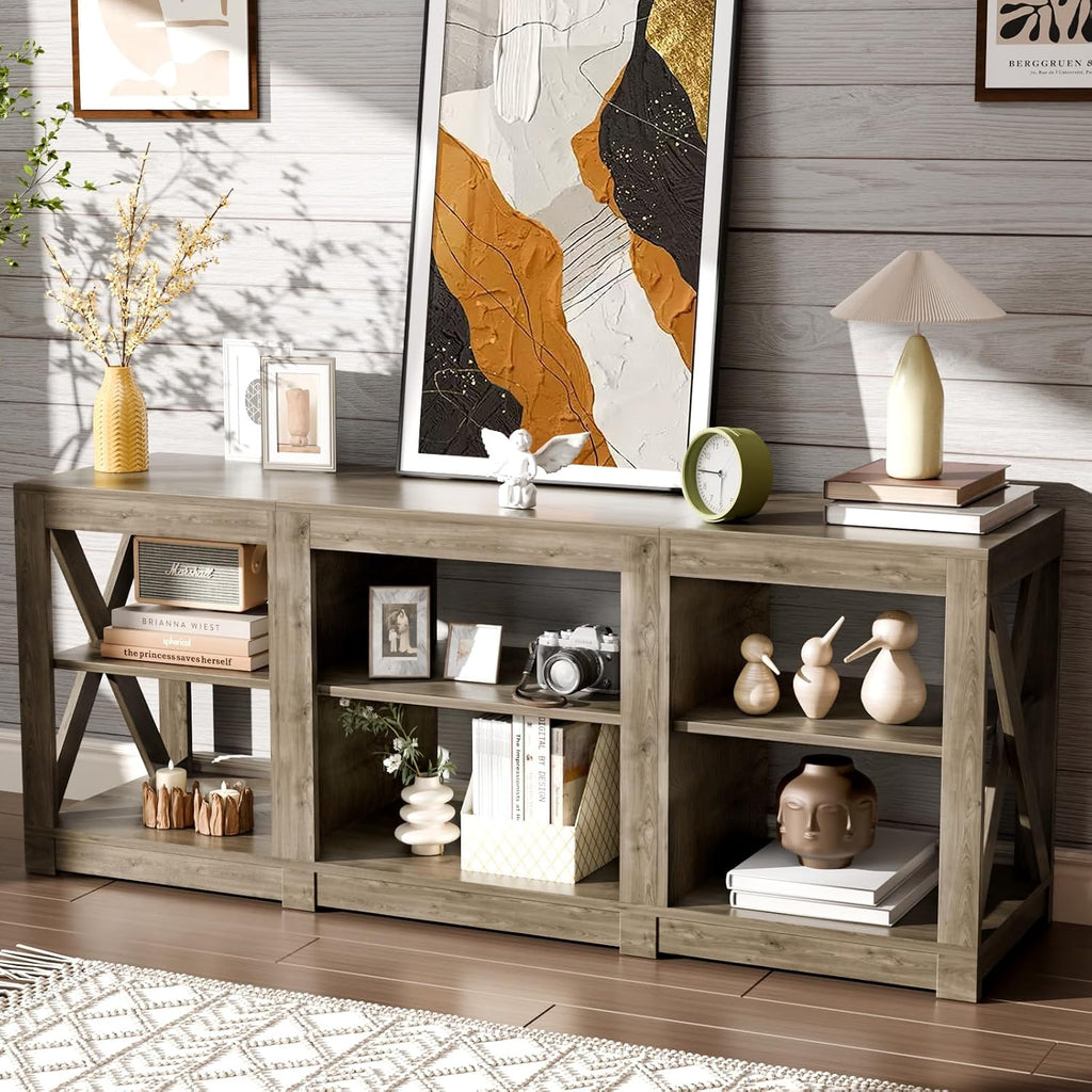 Bonnlo Farmhouse TV Stand for 70 Inch TV, Entertainment Center with Storage Cabinets & Adjustable Shelves, Mid Century Modern Media Console Table for Living Room Bedroom, Gray Oak