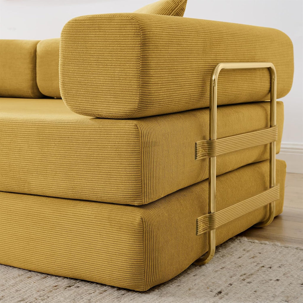 Modular Couch Bed, Convertible Folding Plush Corduroy Comfy Floor Memory Foam Compression Loveseat Sleeper Sofa Couch, King Size Bed for Guest Room Living Room Bedroom, No Assembly, Mustard Yellow