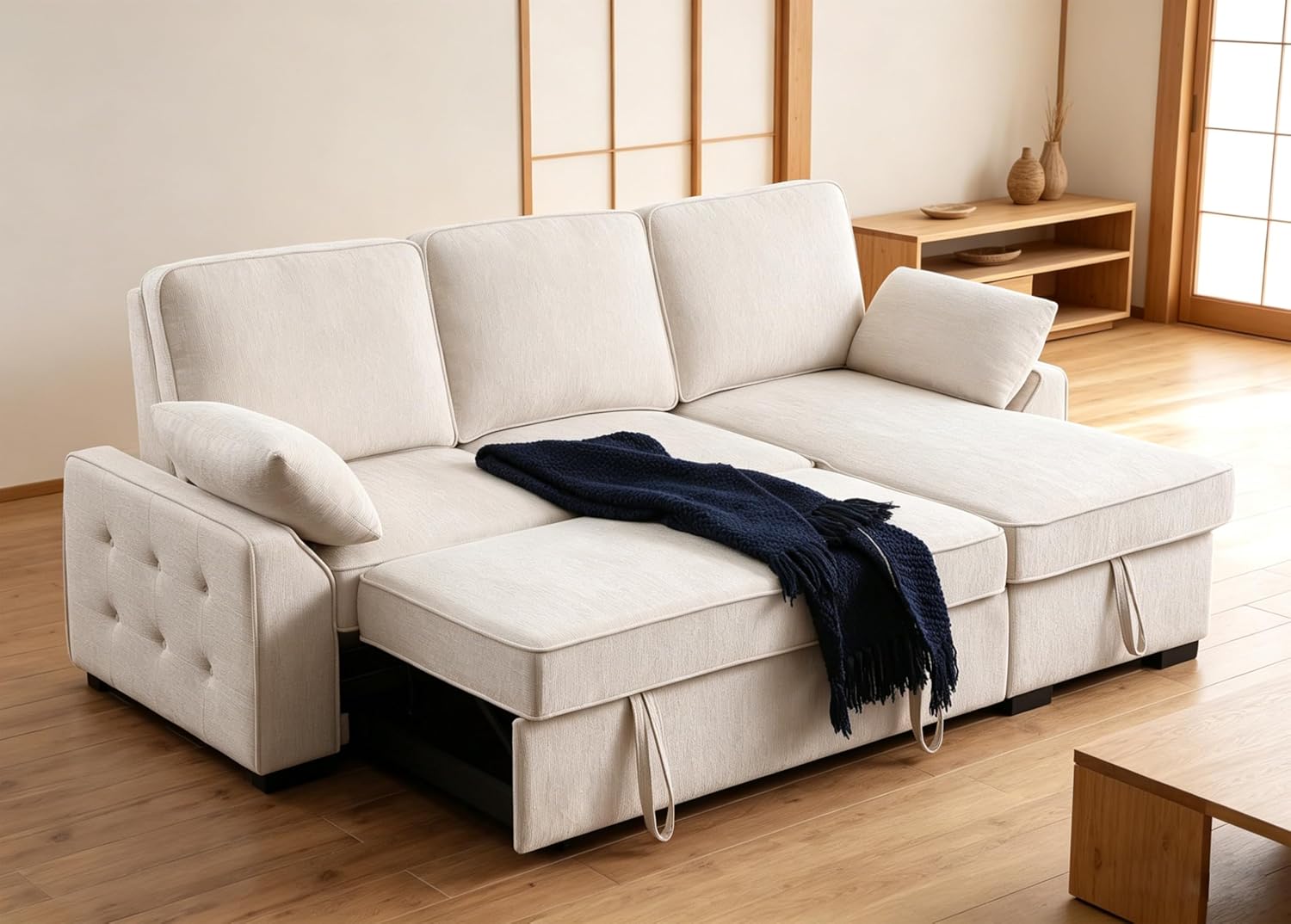 ERYE L-Shaped Pull Out Sleeper Couch Bed, Modern Chenille Upholstered Button Tufted Corner Couch Reversible Sectional Sleeper Sofa Bed W/Storage Chaise, Cup Holders