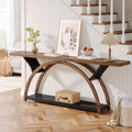 Tribesigns 70.87' Console Table with Storage Shelf, Narrow Long Sofa Table Behind Couch Table, 2-Tier Rustic Entryway Table with Half Moon Frame for Hallway Living Room (Brown & Black)