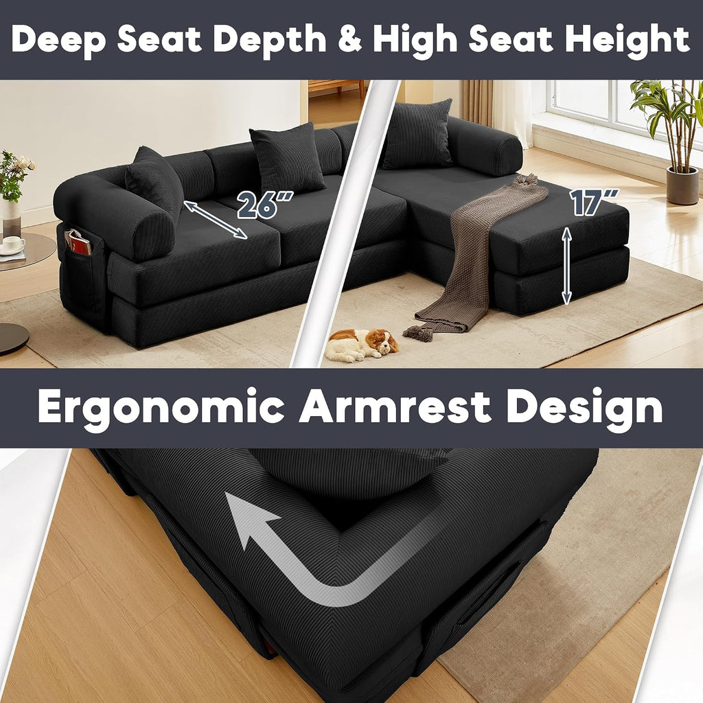 Modular L Shaped Sofa Bed with Cylindrical Pillow & Reversible Chaise, Corduroy Convertible Floor Boneless Sofa Couch Bed with Fixed-Shape Frame & Storage Pocket for Living Room, Black