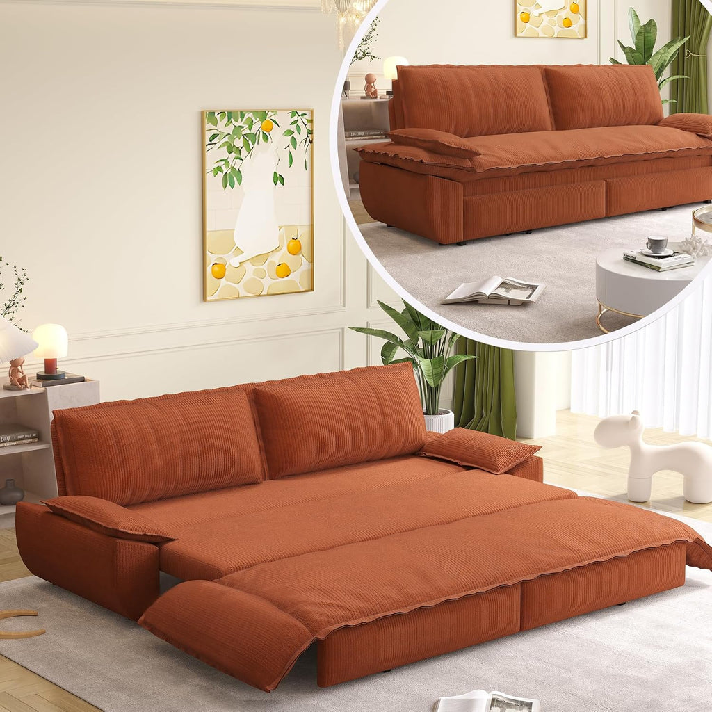 73.2'' Queen Size Sofa Bed, Corduroy Loveseat 3-in-1 Convertible Sleeper Sofa Couch, Pull Out Sofabed, Space Saving, Orange