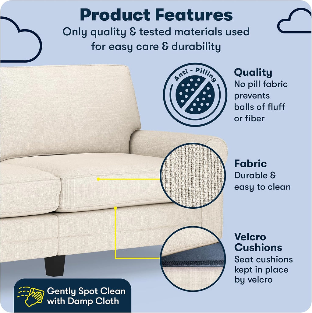 Serta Copenhagen 78' Rolled Arm Sofa, Easy Care Polyester, Soft Pillow Back, Pocket Coil Seat Cushions, Removable Covers, Loveseat or Couch for Small Spaces, Living Rooms or Bedrooms, Buckwheat Beige