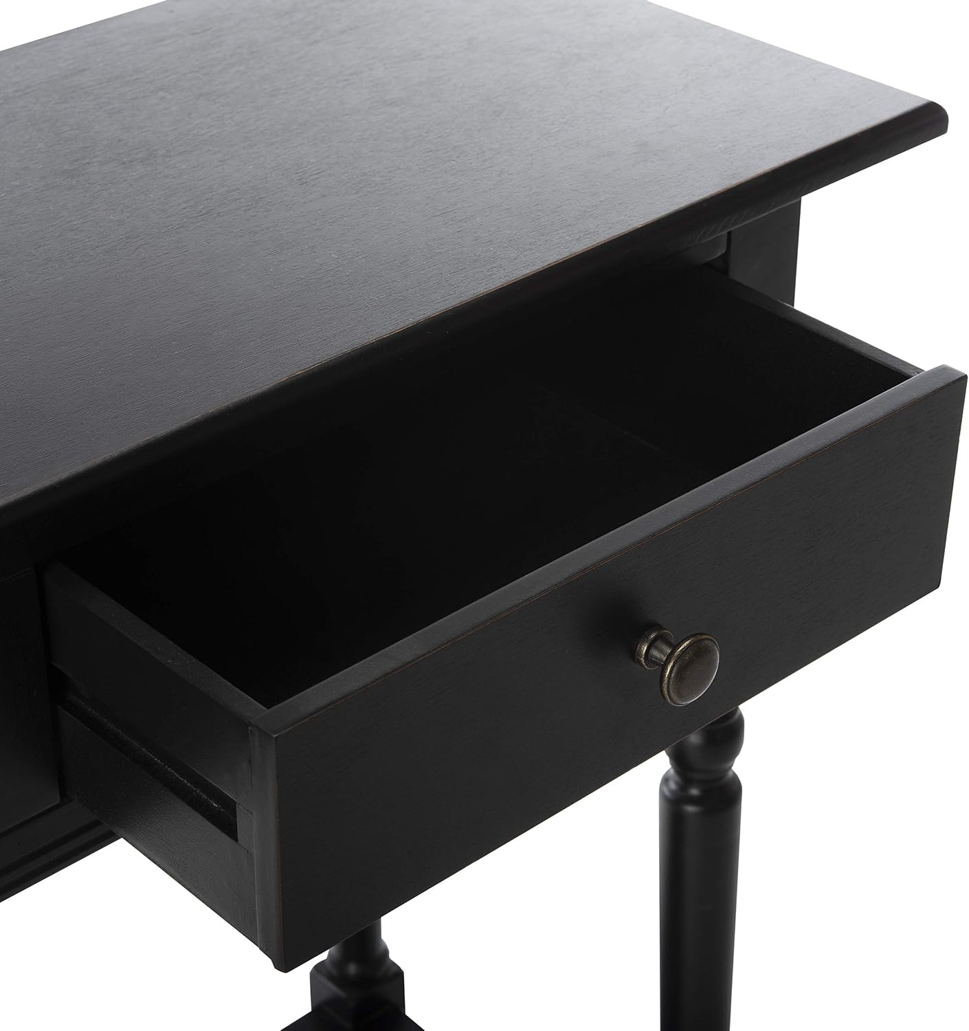SAFAVIEH Home Collection – Rosemary Distressed Black Console Table with Drawers & Shelf, Classic Contemporary Storage Console, Turned Leg Design (AMH5705B)