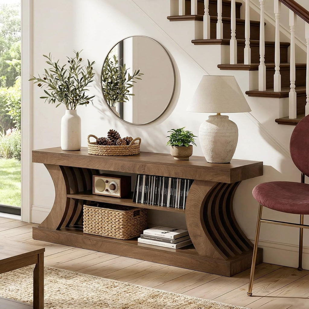 Tribesigns 63-Inch Farmhouse Entryway Console Table with Storage, TV Console with Curved Design for Living Room, Bedroom, Brown (Brown, 15.75' D x 63' W x 23.6' H)