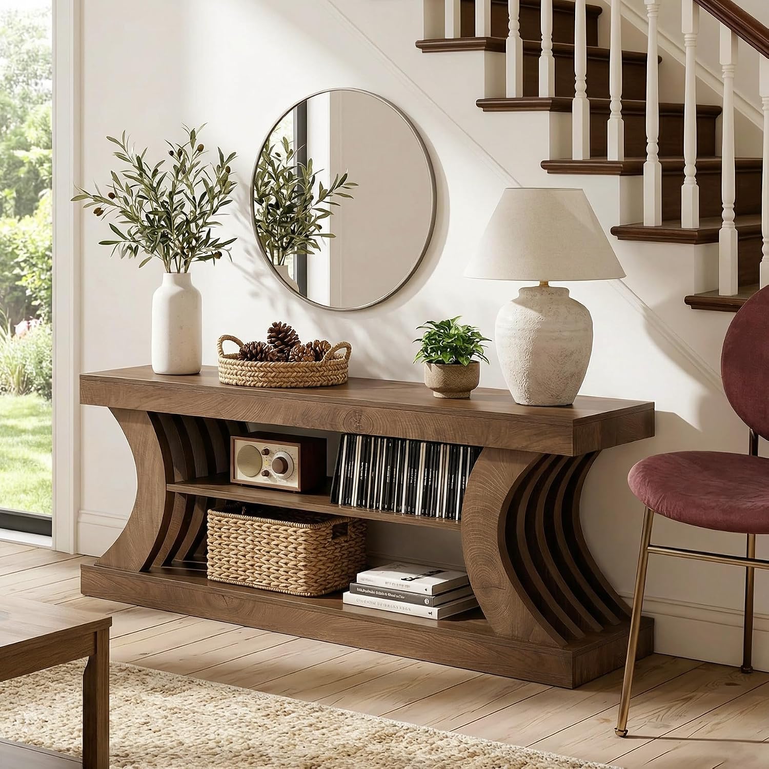 Tribesigns 63-Inch Farmhouse Entryway Console Table with Storage, TV Console with Curved Design for Living Room, Bedroom, Brown (Brown, 15.75' D x 63' W x 23.6' H)