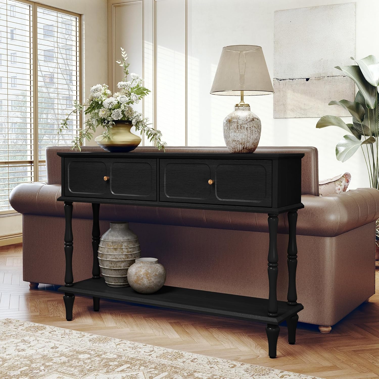 ARTPOWER Console Table with Drawers for Entryway, Mid-Century Entryway Table with Storage, Black Narrow Entryway Table with Open Shelf Behind Sofa for Living Room, Foyer, Hallway