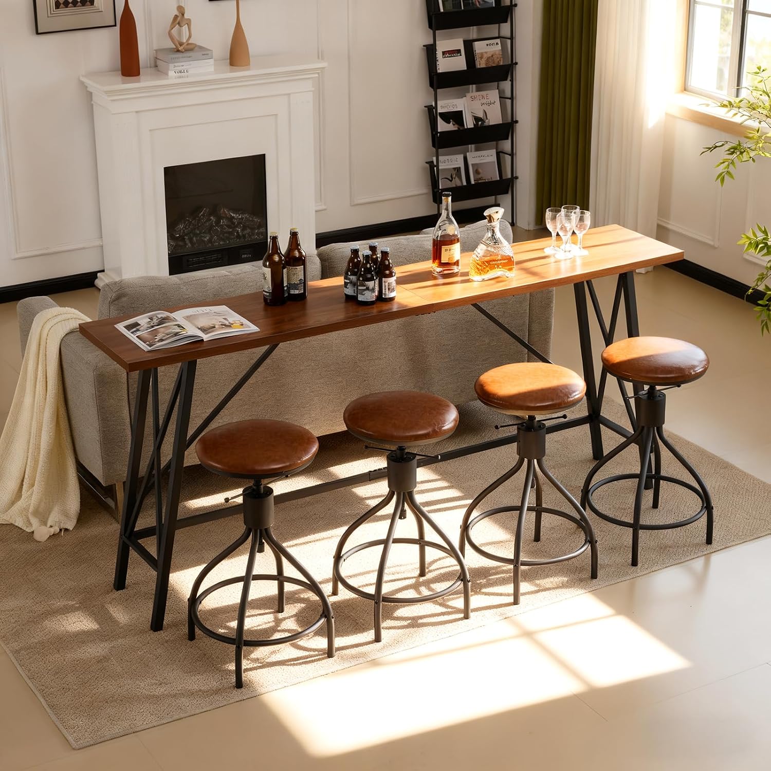 Karl home 83.8' Bar Table and Chairs Set, Sofa Table with 4 PU Stools, High Top Counter Height Table with Chairs for Kitchen Breakfast, Bistro, Dining Room, Living Room, Brown