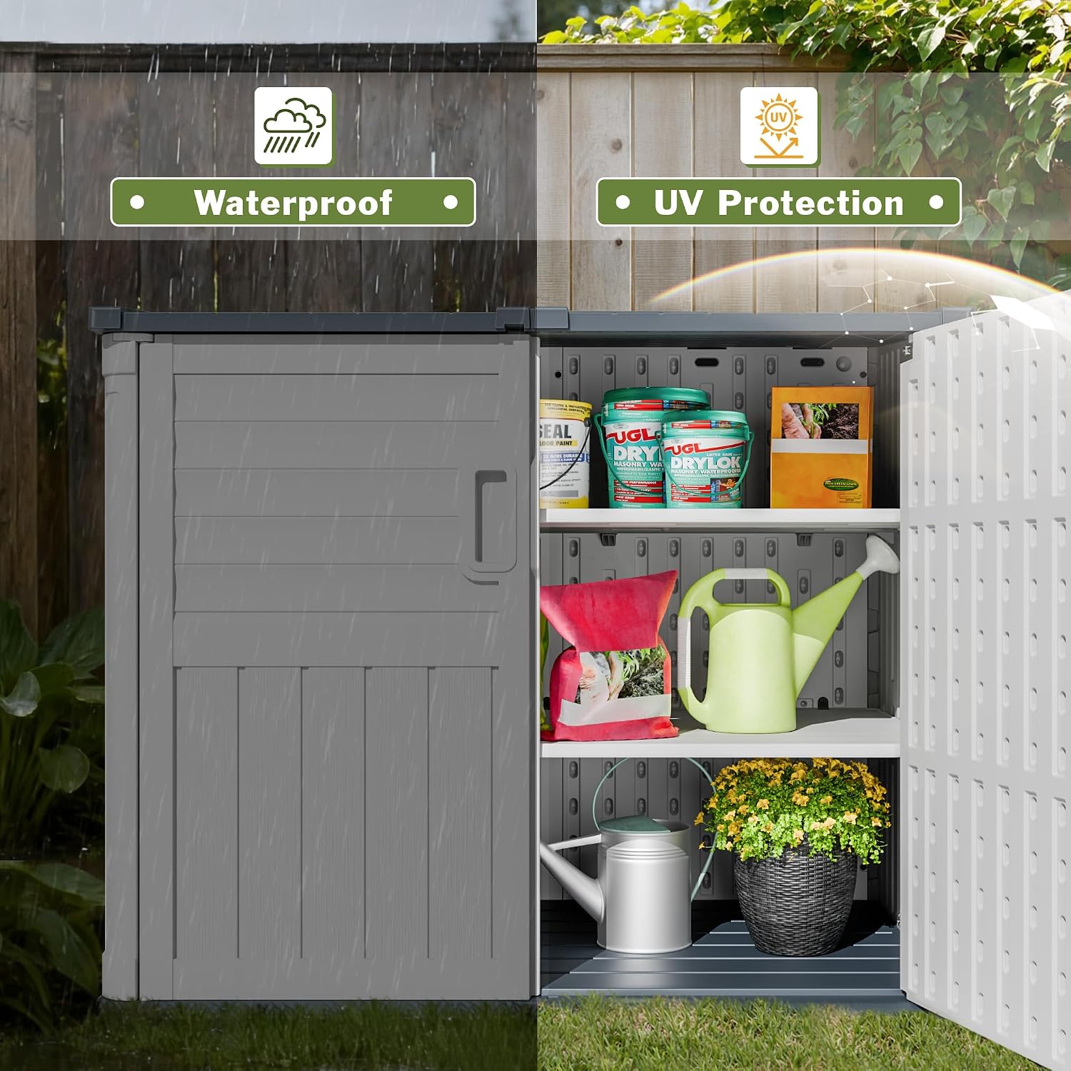 JUMMICO Resin Outdoor Storage Shed, 34 Cu Ft Horizontal Storage Cabinet with Shelves for Trash Cans, Garden Tools, Pool Supplies (Beige)