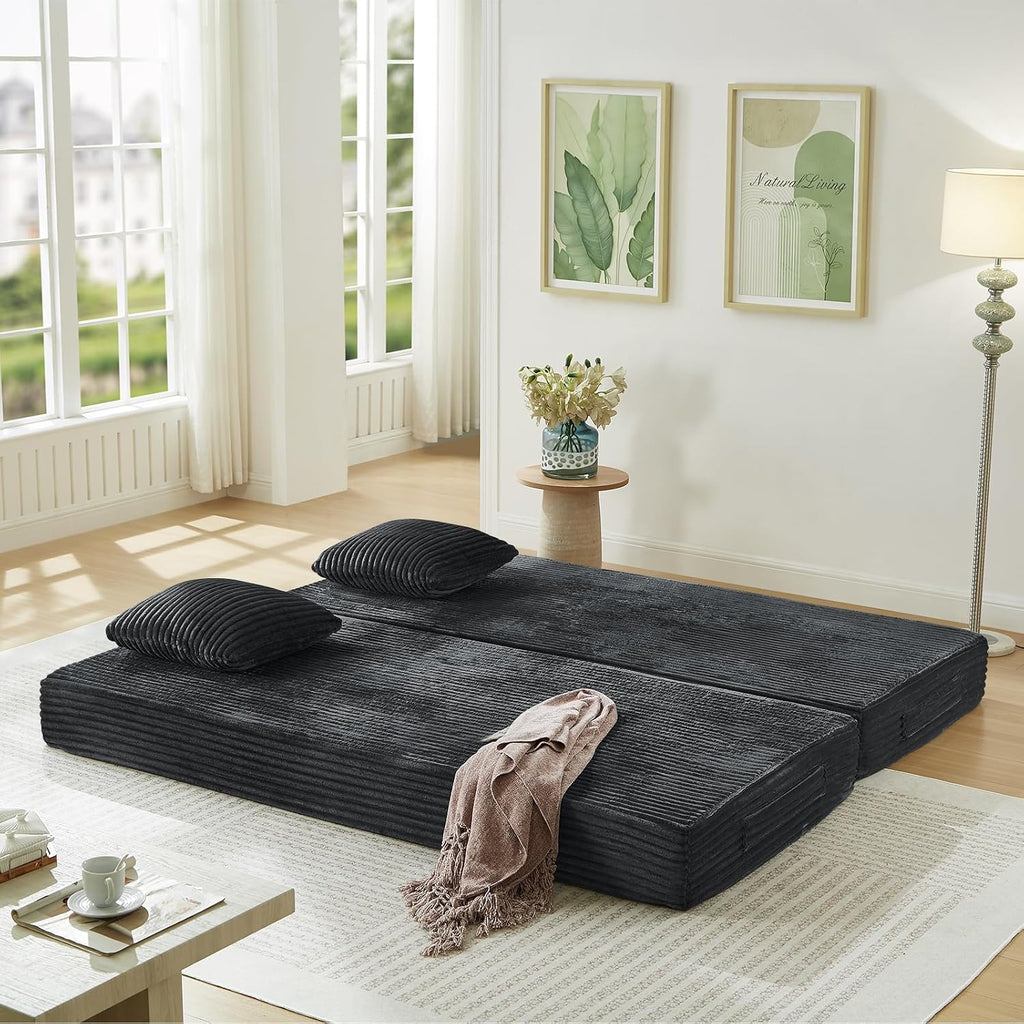 Antetek Modular Couch Bed, Convertible Folding Plush Corduroy Comfy Floor Compression Loveseat Sleeper Sofa Couch, King Size Bed for Guest Room Living Room Bedroom, No Assembly Required, Dark Grey