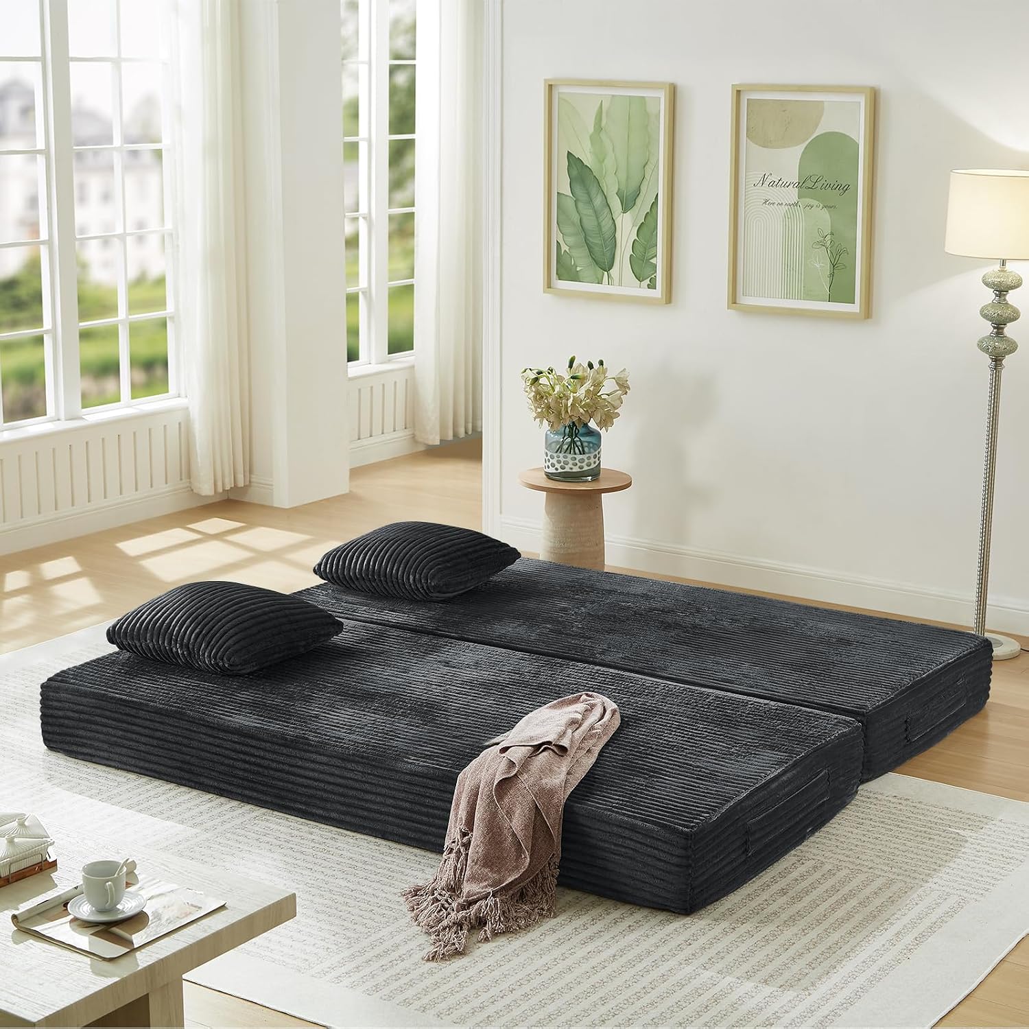 Antetek Modular Couch Bed, Convertible Folding Plush Corduroy Comfy Floor Compression Loveseat Sleeper Sofa Couch, King Size Bed for Guest Room Living Room Bedroom, No Assembly Required, Dark Grey