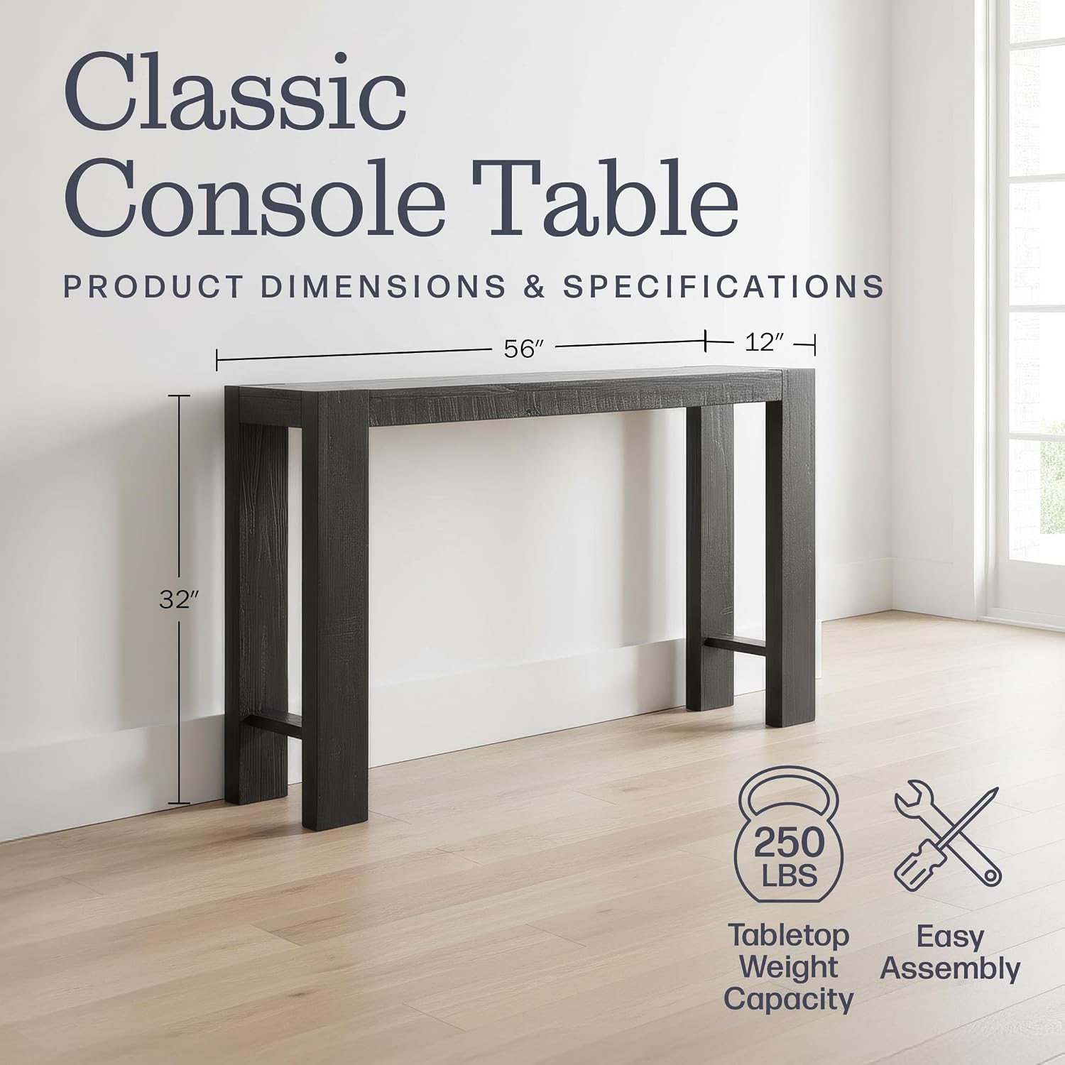 Alaterre Furniture Classic Solid Wood Console Table - 56 Inch Modern Farmhouse Entryway Table - Easy Assembly Living Room Furniture for Behind The Couch, Entryway, or Hallway (Black)