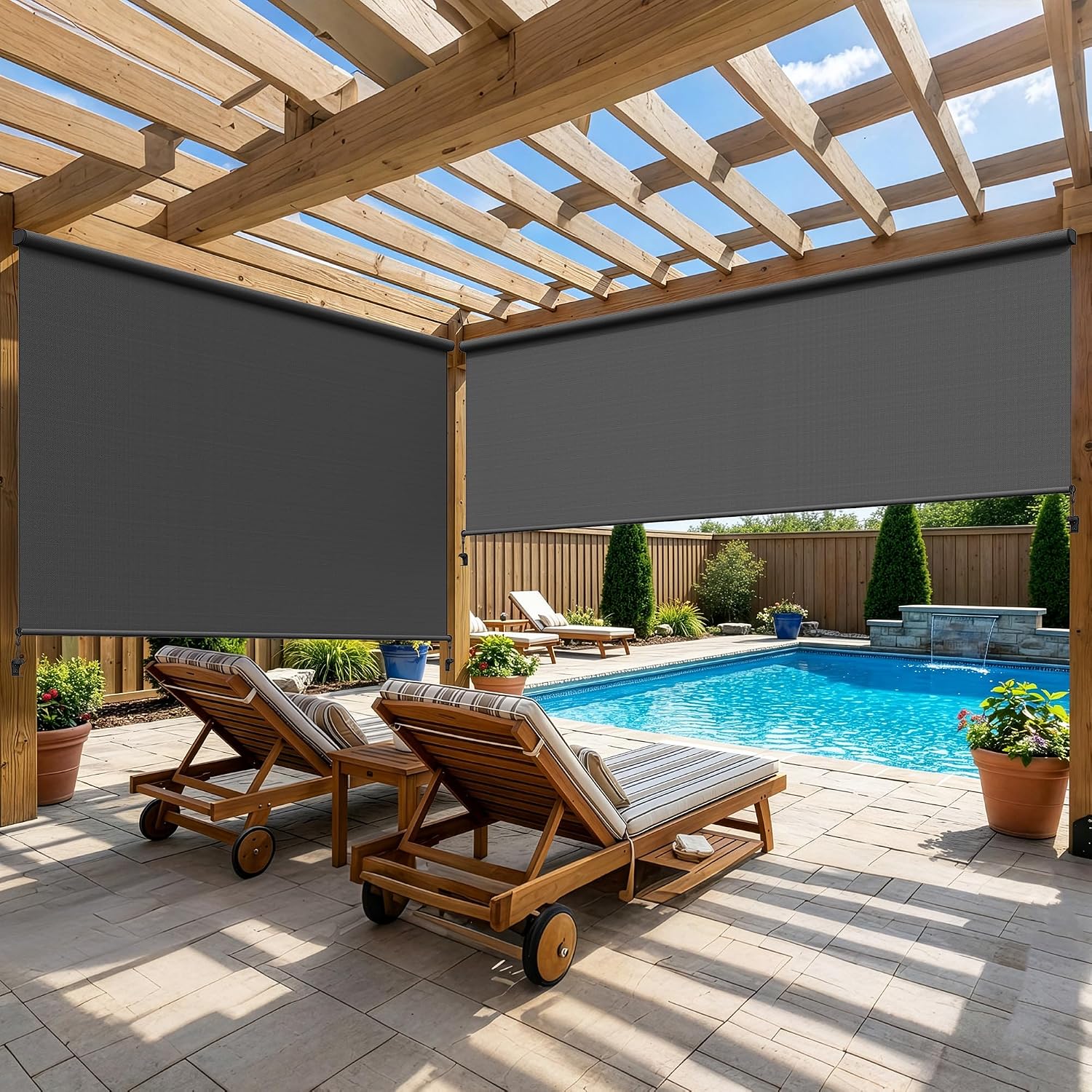 May in Color Outdoor Roller Shades for Patio with New Operation Mode (with Pull Rod-No Need Crank), Upgraded Materials Shades Roller Up Outdoor with 95% UV Protection, Outdoor Blinds for Patio Proch