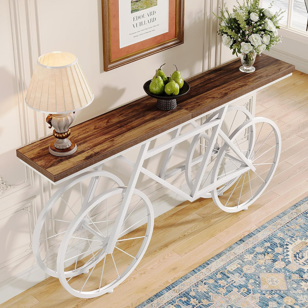 Tribesigns 70.9-Inch Extra Long Console Table, Narrow Sofa Table with Bicycle Metal Base, Modern Industrial Entryway Table for Living Room, Hallway, Entrance, Foyer, Rustic Brown & White