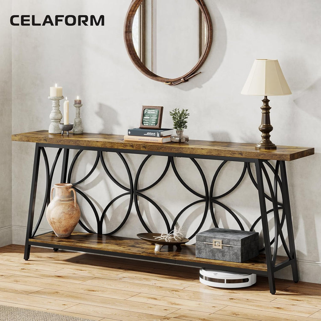 Celaform 70.9-Inch Sofa Table, 2-Tier Narrow Console Table with Storage for Living Room, Entryway, Hallway, Foryer, Geometric Pattern Design (Rustic Brown)