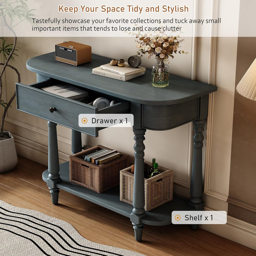 Small Curved Console Table 36-Inch Retro Farmhouse Entryway Sofa Table with Drawer & Storage Shelf for Entry Hallway Foyer Living Room Furniture, Solid Wood Legs, Space-Saving, Navy