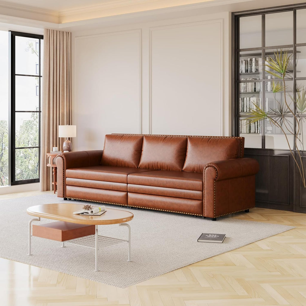 Faux Leather Sleeper Sofa Couch with Pullout Bed, 93.7' King Size Sleeper Sofa Bed, 3 in 1 Convertible Sofa Bed with Nailhead Trim & Rolled Arm for Living Room Bedroom Office (Light Brown)