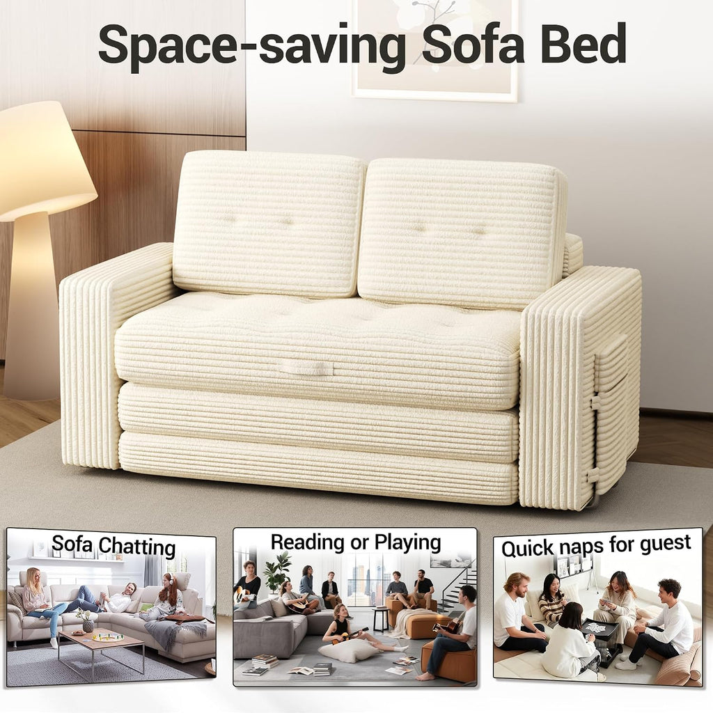 2 in 1 Convertible Sofa Bed, Pull Out Loveseat Boneless Couch, Sleeper Sofabed, Folding Couch Bed with Pillow for Living Room Bedroom, Beige (Slightly Yellow)