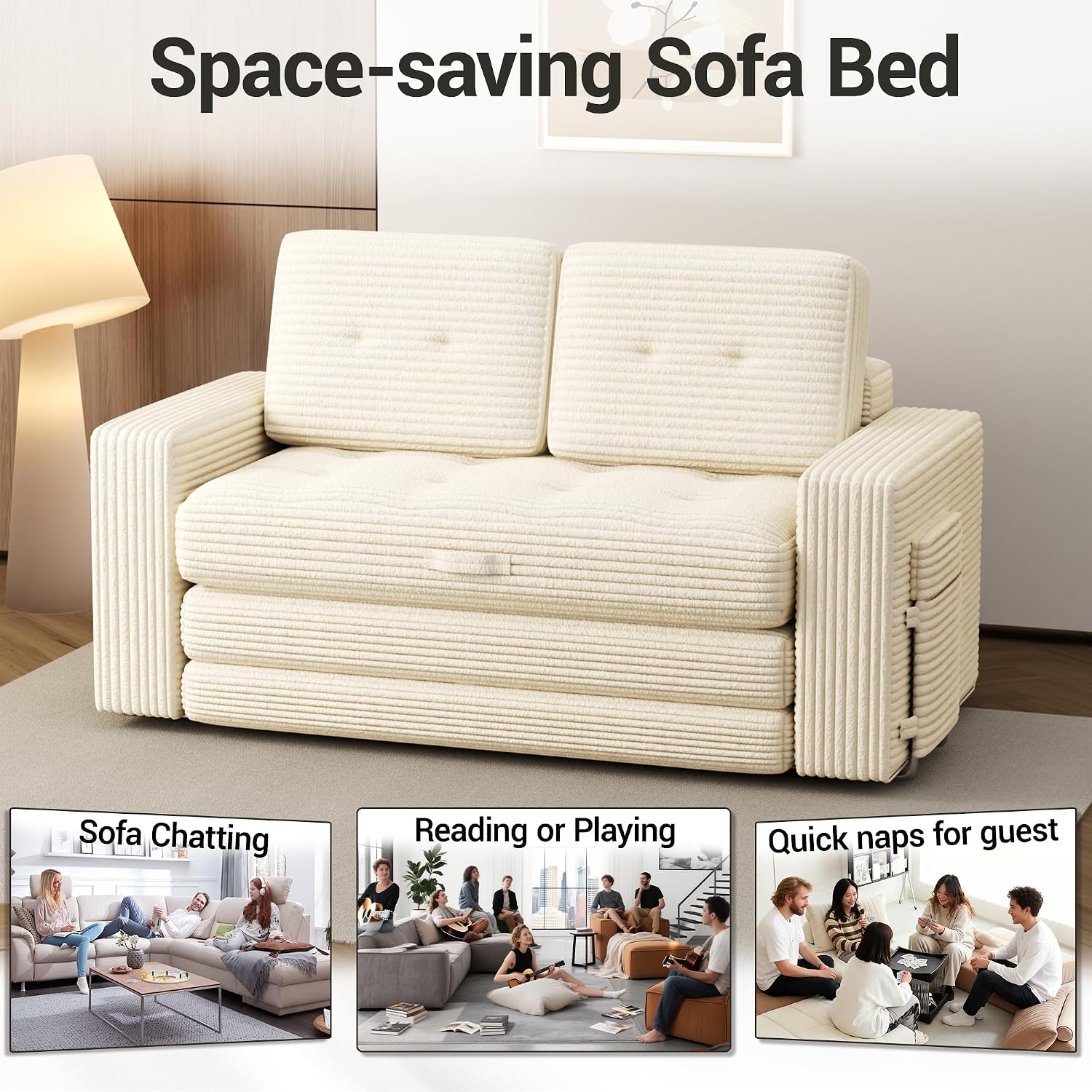 2 in 1 Convertible Sofa Bed, Pull Out Loveseat Boneless Couch, Sleeper Sofabed, Folding Couch Bed with Pillow for Living Room Bedroom, Beige (Slightly Yellow)