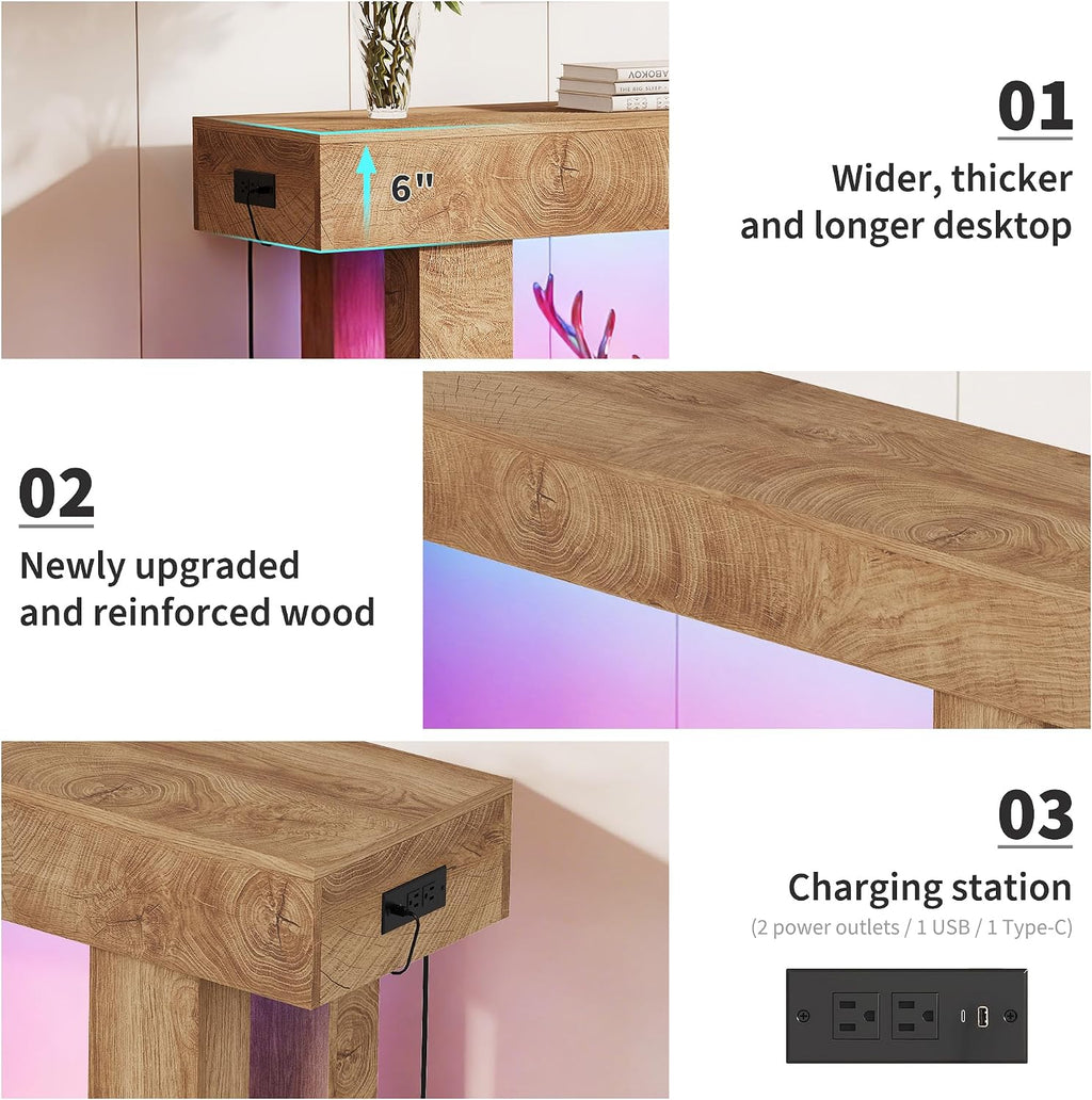 63-Inch Long Console Table with Colorful LED Lights, Wooden Rectangular Sofa Table with Charging Station & 6-Color Multi-Functional Light, Accent Tables for Hallway, Entrance, Foyer