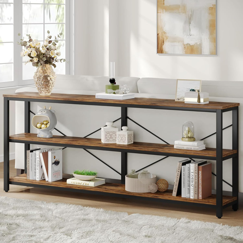 Tribesigns 70.9-Inch Extra Long Console Table, 3-Tier Industrial Sofa Table with Metal Frame, Modern Behind Couch Table with Storage Shelves for Living Room Entryway Hallway Foyer (Brown and Black)