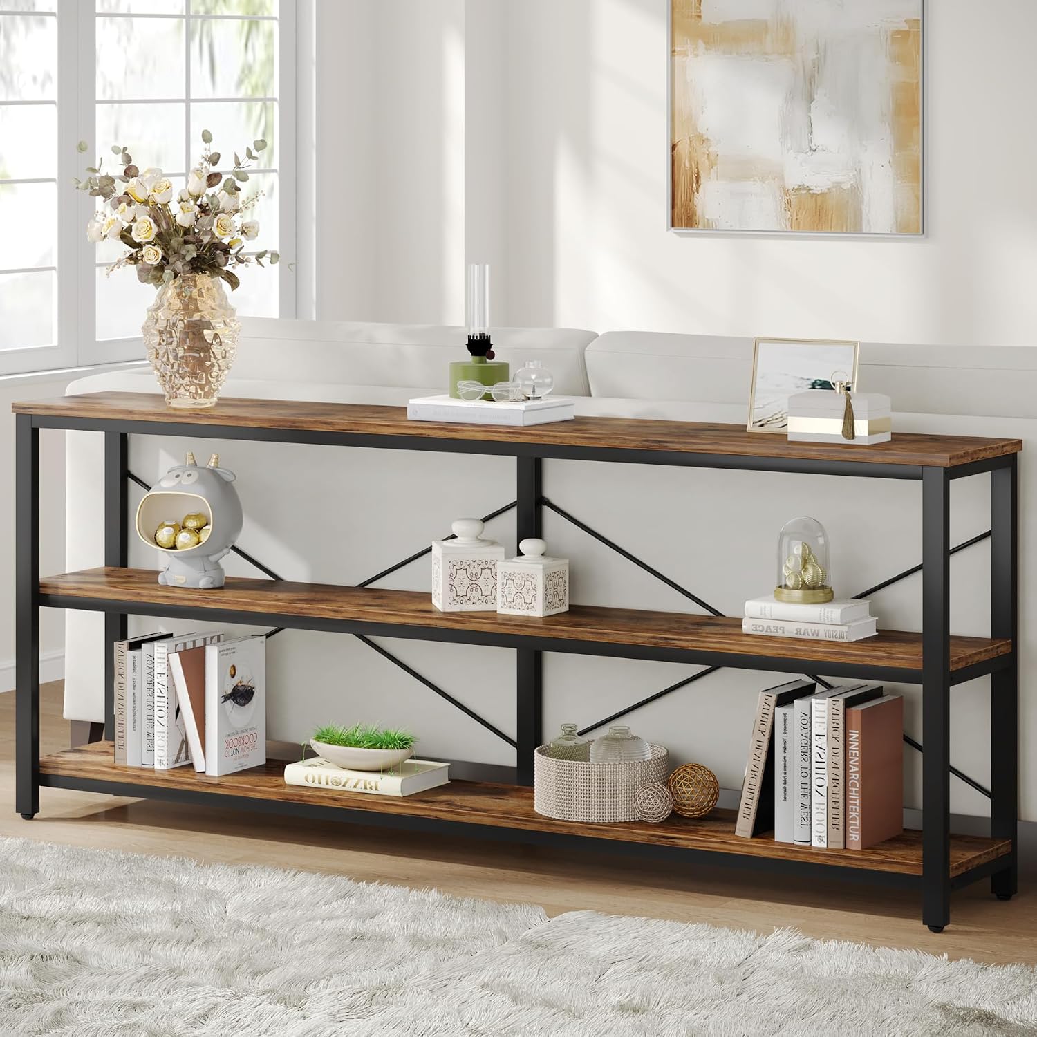 Tribesigns 70.9-Inch Extra Long Console Table, 3-Tier Industrial Sofa Table with Metal Frame, Modern Behind Couch Table with Storage Shelves for Living Room Entryway Hallway Foyer (Brown and Black)