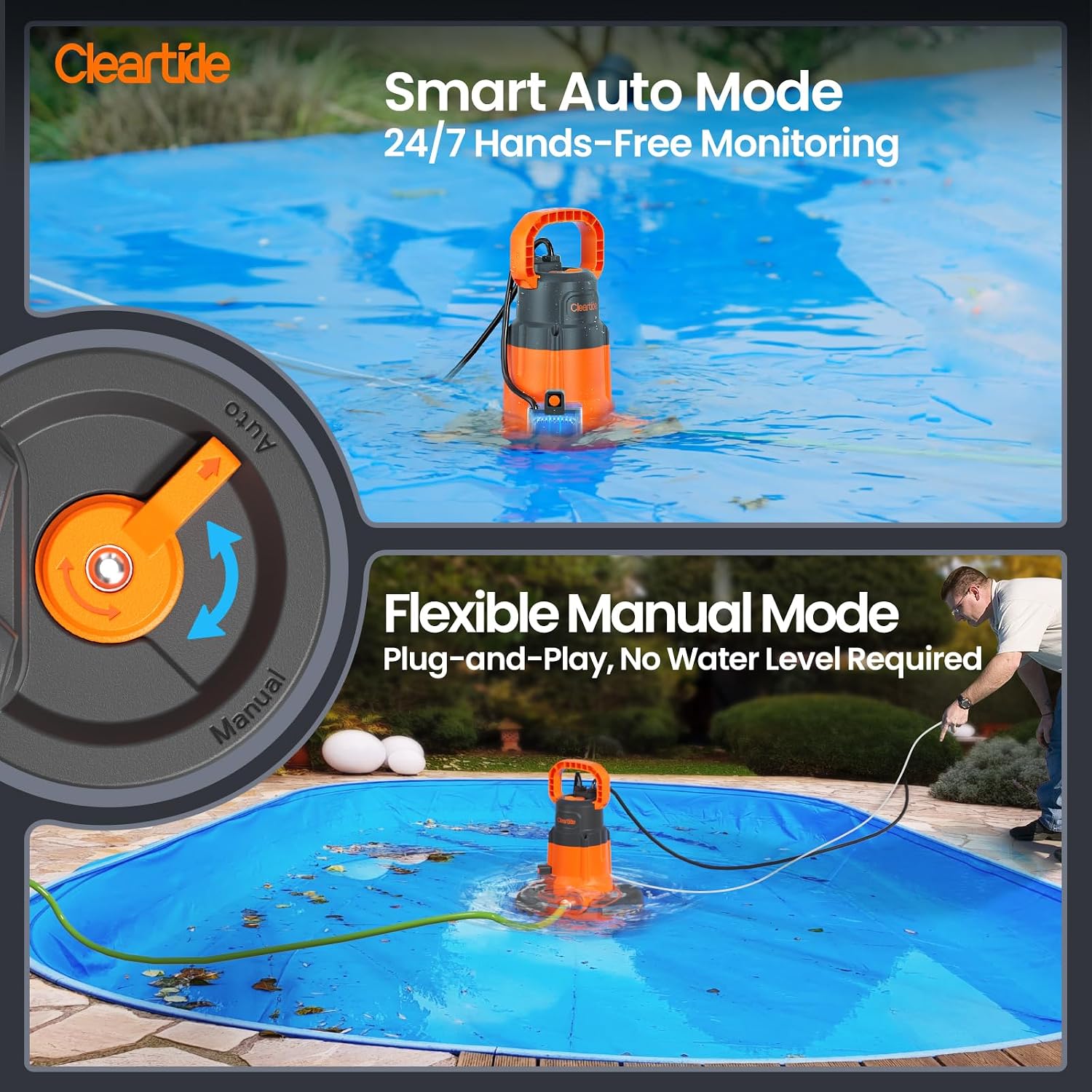 Cleartide Smart Automatic Water Pool Cover Pump, Submersible Pump Removes Water from Inground/Above Ground Winter Swimming Pools, 1/4 HP 2160 GPH, Auto On/Off & Freeze Protection, 25ft Cord, 120V AC