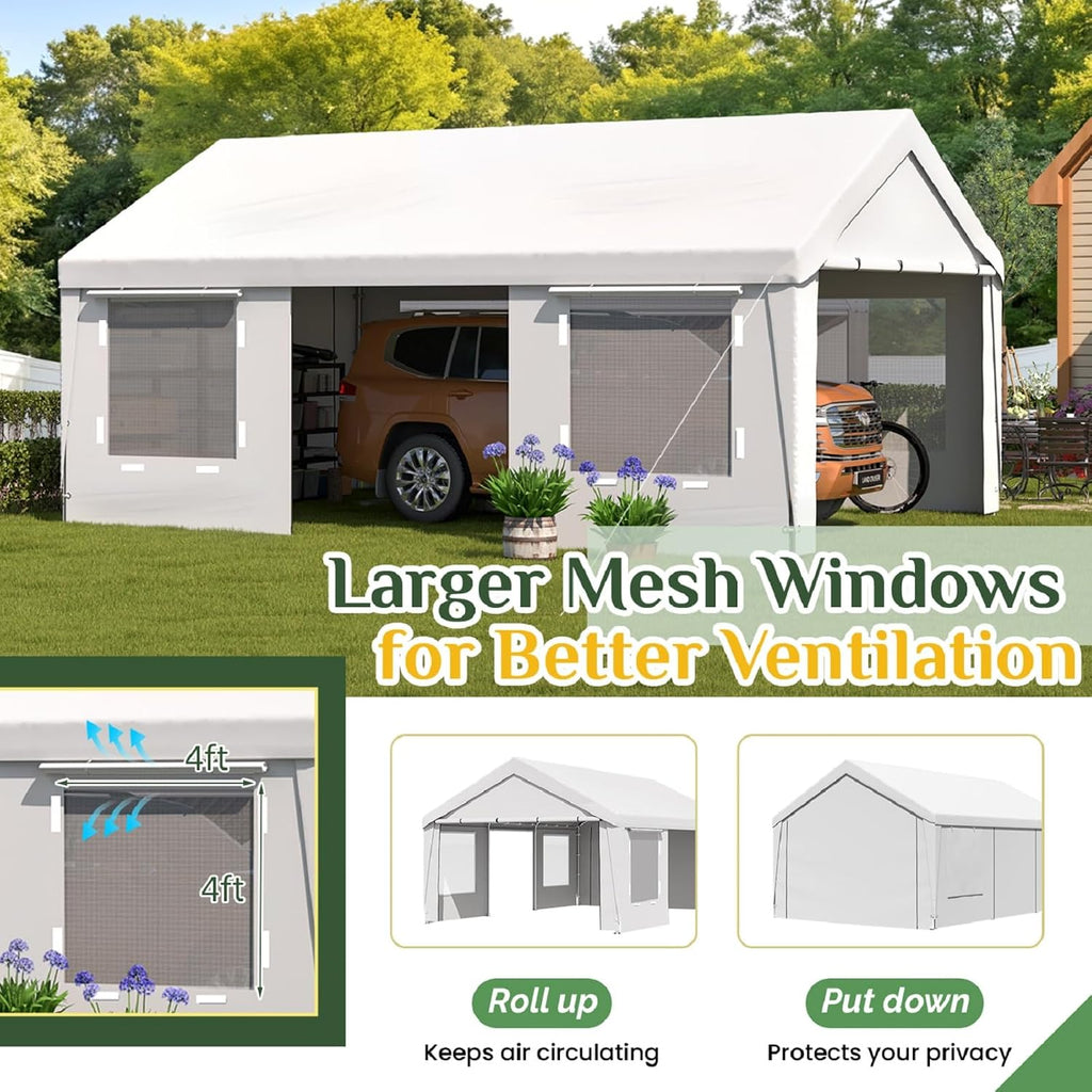 EROMMY 13' x 20' Heavy Duty Carport, Portable Garage with Removable Sidewalls, Shelter with Roll-Up Windows, All-Season Car Canopy for Truck, Boat, Tractor, White