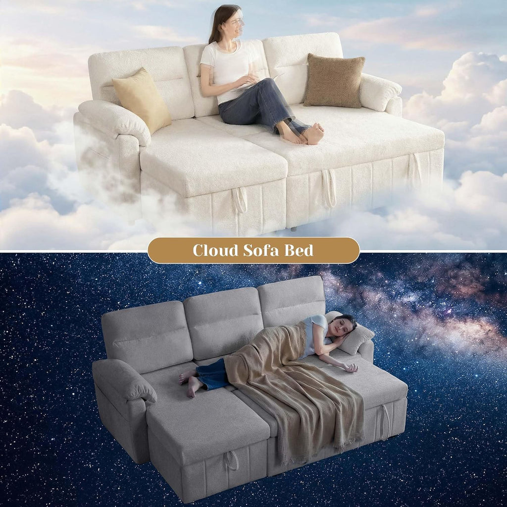 Tbfit 84'' Sleeper Sofa Bed, 3 in 1 Cloud Pull Out Sofa Couch with USB & Storage Chaise, Convertible Sofa Bed with Pull Out Bed, Couches for Living Room, Apartment, Office, White Sherpa