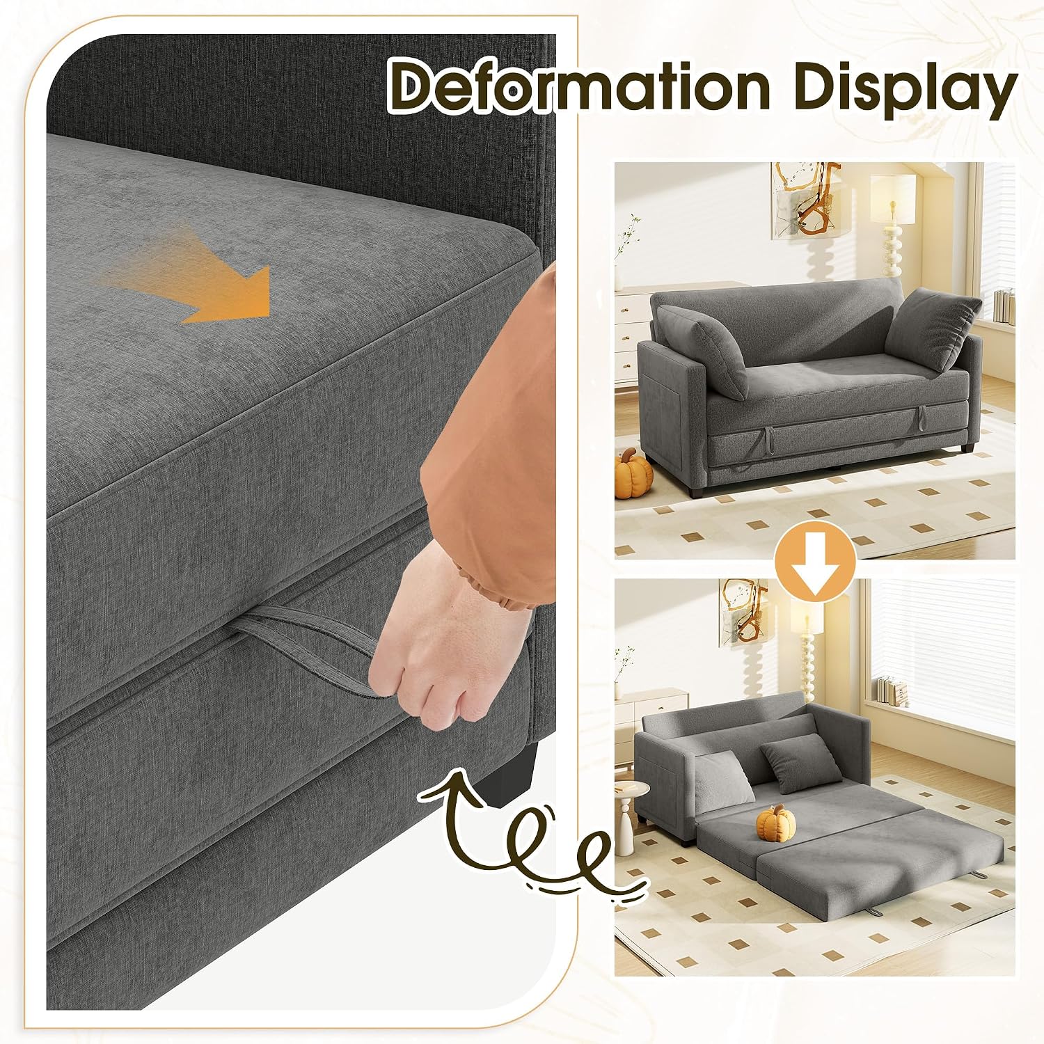 Myroyalsit 65' Convertible Loveseat Sofa Bed, 2-in-1 Folding Sofa Bed with 2 Pillow for Small Spaces, Modern Loveseat Sleeper Couch for Apartment, Living Room & Guest Room (Grey Chenille, 65 inch)