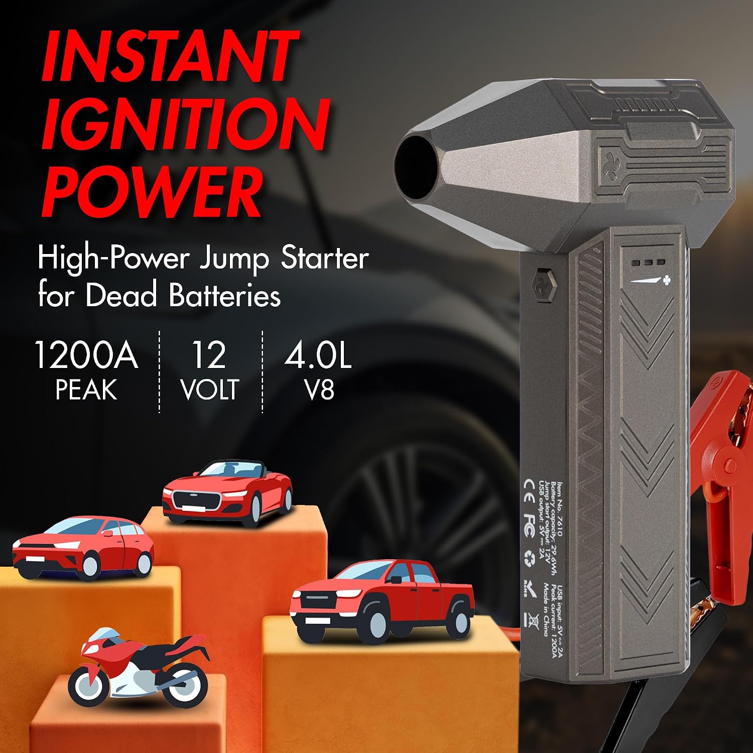 Wagan EL7610 iOnBoost V8 Jet 1200A Peak Jump Starter with Turbo Air Blower 12V Portable Lithium Car Battery Up to 4.0L V8 or 2.0L Diesel 95,000RPM Cordless Jet Blower Power Bank, for Car Home Use