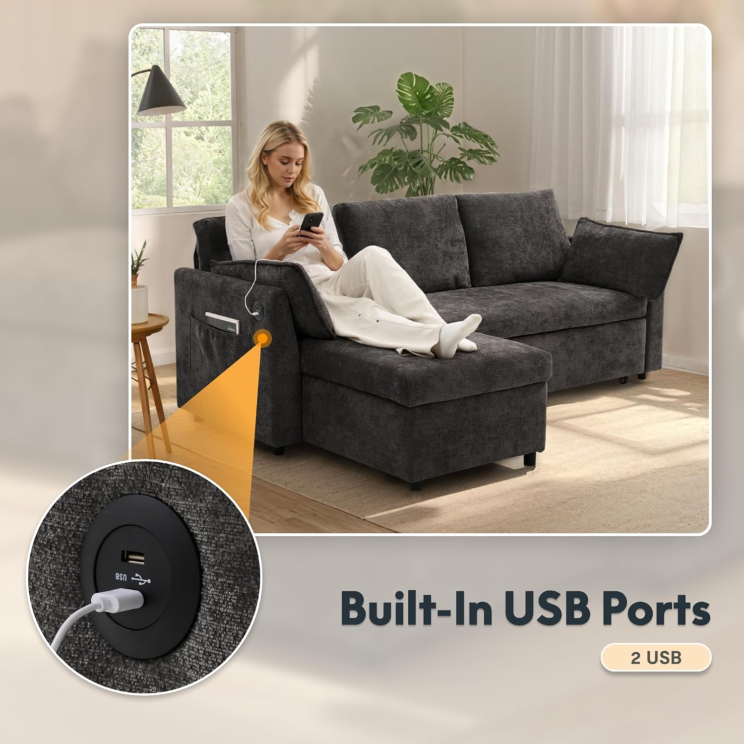 FLEXISPOT XB5 78' Pull Out Couch Bed with Storage Chaise, 2-in-1 Convertible Sofa Bed with USB Charging Ports, 3-Seater Sectional Sofa Couch for Living Room Apartment, Easy to Assemble(Dark Gray)