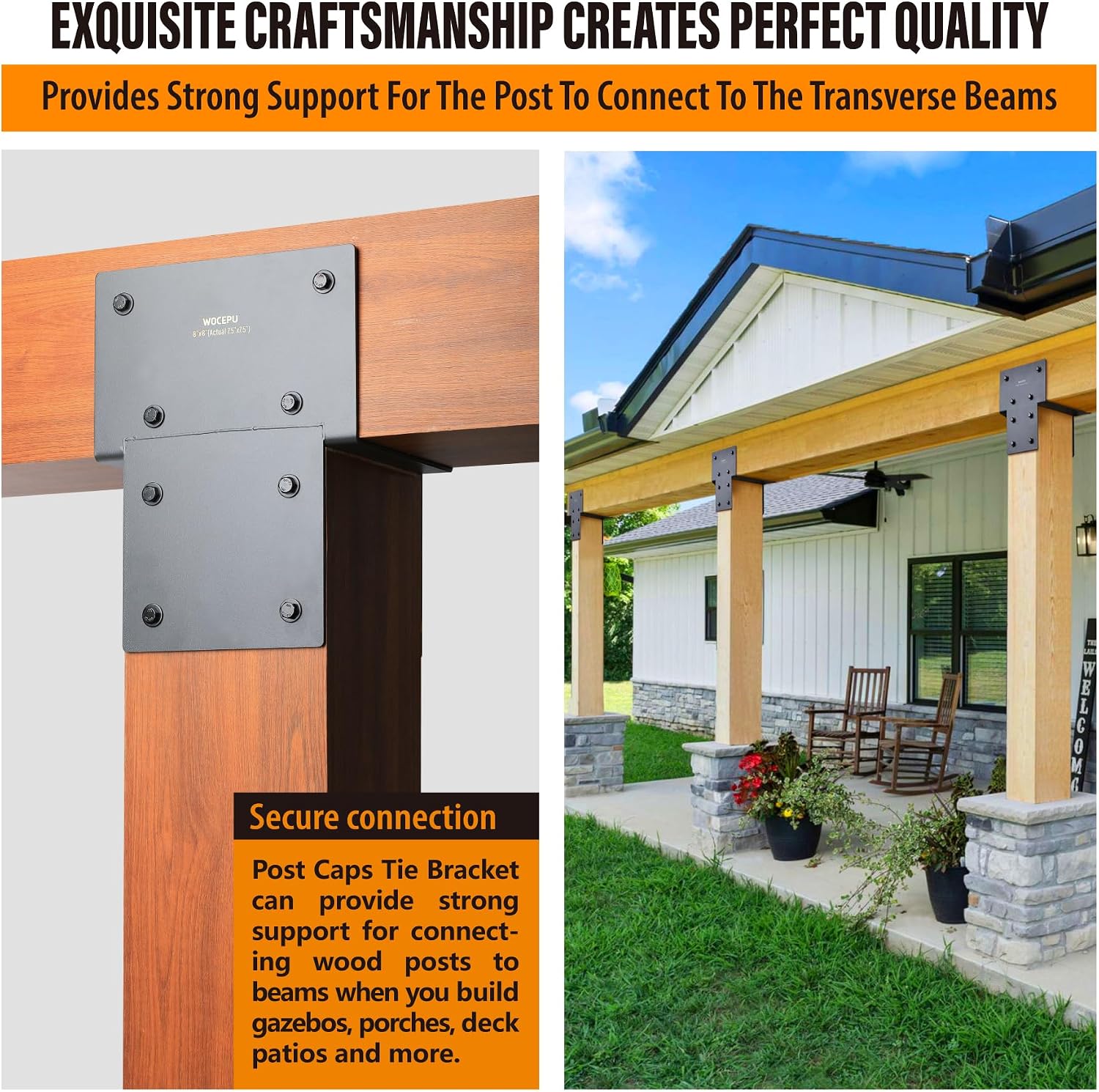 3 Pack Heavy Duty 8x8 (Actual 7.5'x7.5') Stainless Steel Post Caps Tie Bracket , Fit Connecting Wood Gazebo, Deck Patio Post and Wood Beams Bracket ( Dark Ggray)