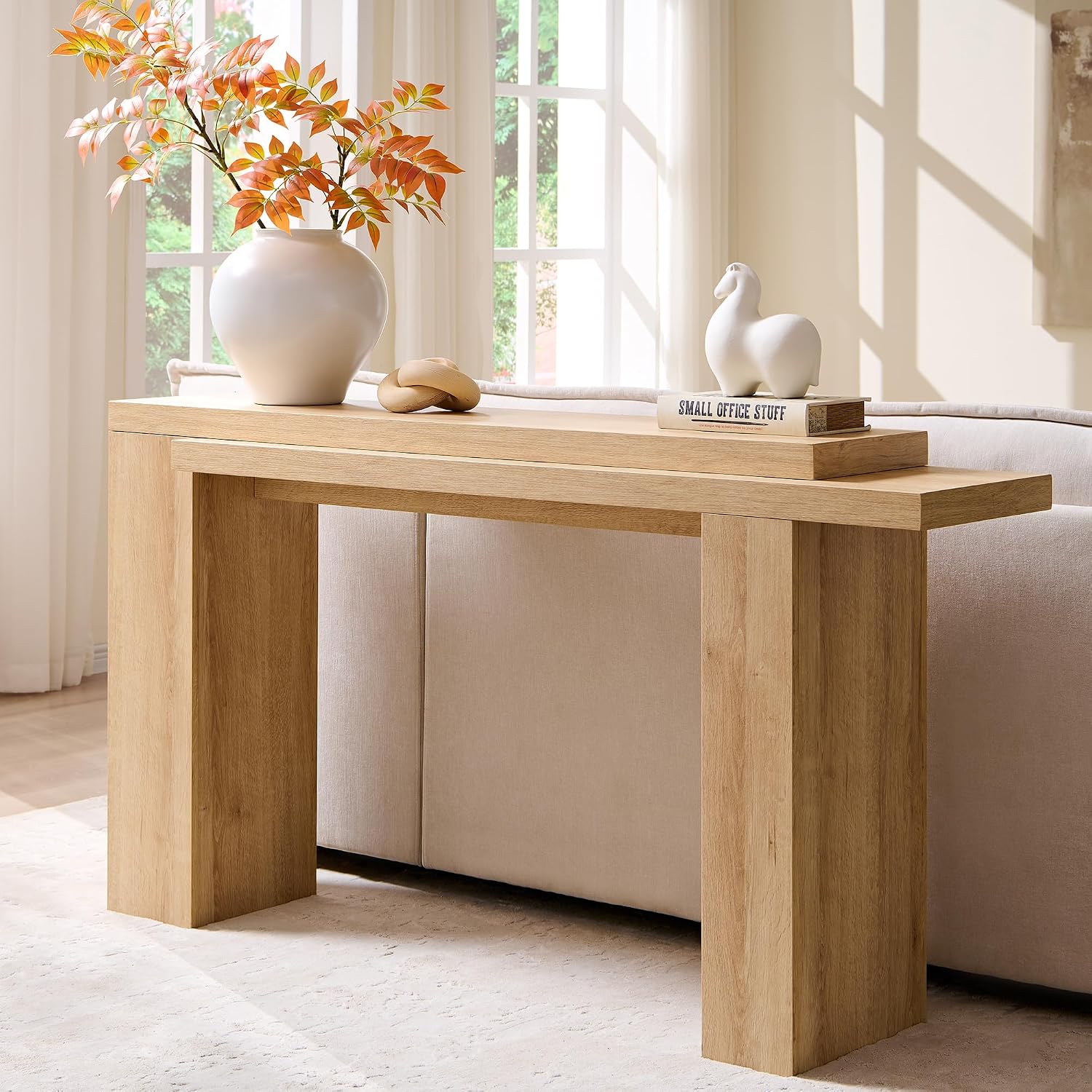 OKD 63 Inch Modern Entryway Console Table, Solid Geometry Accent Sofa Table Behind The Couch, Narrow Console Table for Entryway, Hallway, Living Room, Foyer, Natural Oak