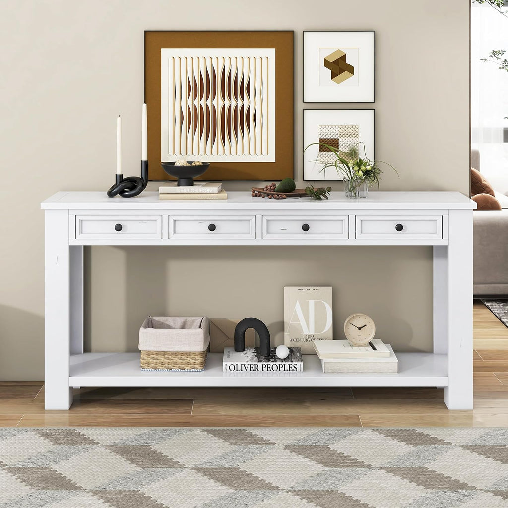 Merax Console Table, 63' Long Extra-Thick Entryway Table Sofa Table with 4 Drawers and Open Shelf for Entryway, Hallway, Living Room (Antique White)