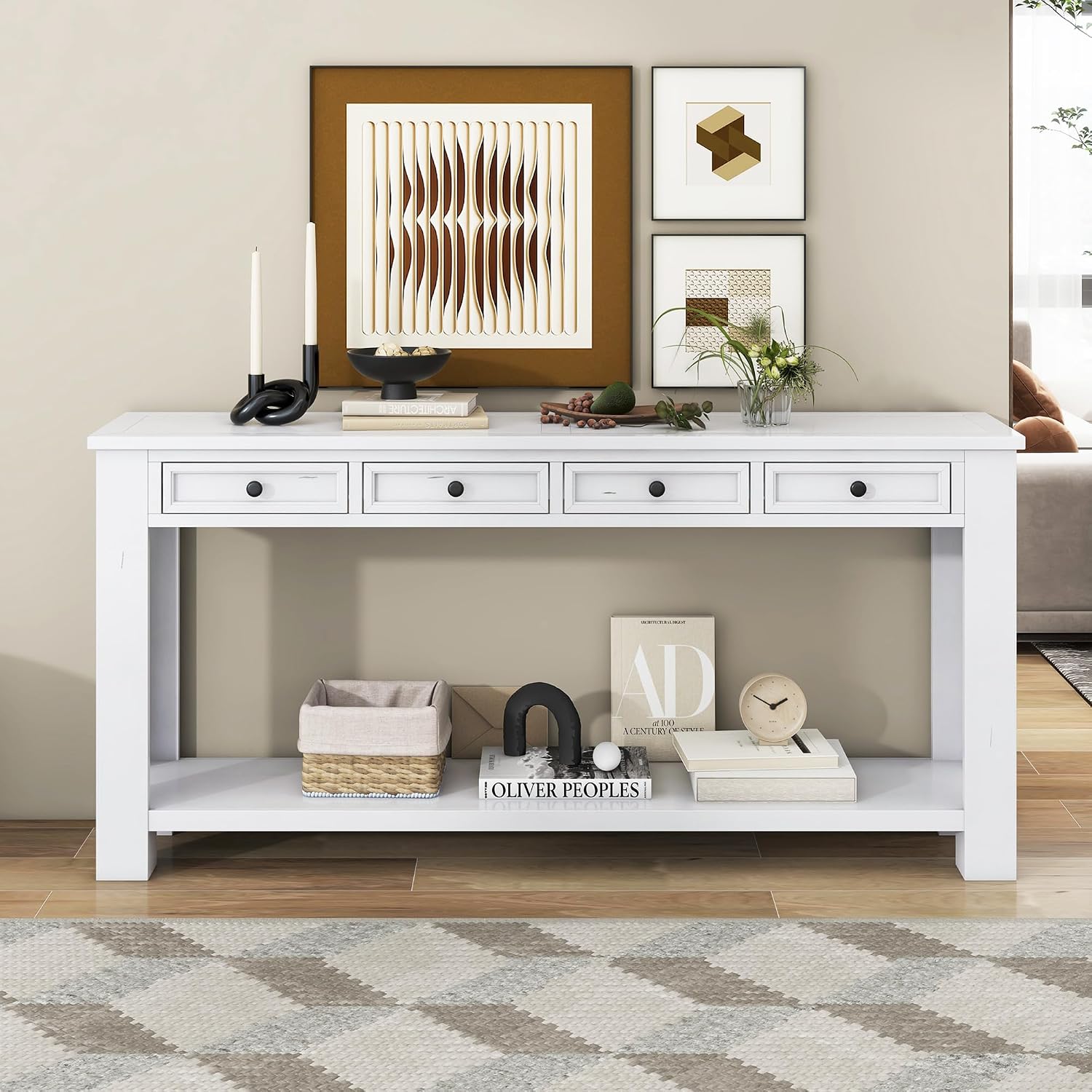 Merax Console Table, 63' Long Extra-Thick Entryway Table Sofa Table with 4 Drawers and Open Shelf for Entryway, Hallway, Living Room (Antique White)