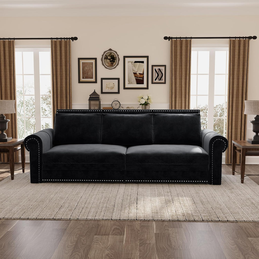 3 in 1 Convertible Sleeper Sofa Bed, 93.7' King Size Sofa Sleeper with Pull Out Bed, Velvet Folding Loveseat Sofa 3-Seater with Deep Seat, Nailhead Trim & Rolled Arm for Living Room