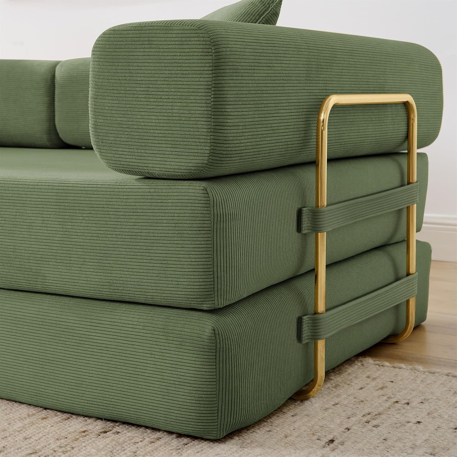Modular Couch Bed, Convertible Folding Plush Corduroy Comfy Floor Memory Foam Compression Loveseat Sleeper Sofa Couch, King Size Bed for Guest Room Living Room Bedroom, No Assembly, Olive Green