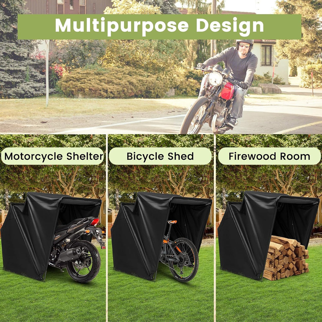 Goplus Motorcycle Shed, Outdoor Motorcycle Storage Shelter with 600D Oxford Fabric Waterproof Cover, 2 Roll-up Side Windows, Expansion Bolts, Heavy Duty Motor Cycle Tent, 136' x 54' x 75'