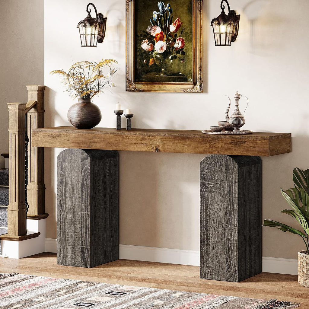 Tribesigns 63' Long Entryway Table, Farmhouse Console Table with 2 Arched Pedestal Legs, Wooden Sofa Console Behind The Couch for Entrance, Hallway, Living Room (Vintage Brown & Grey)