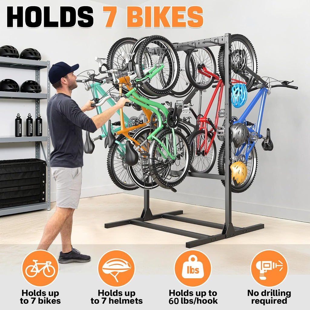 TORACK Freestanding Bike Storage Stand for Garage, Heavy Duty 7 Bikes and 7 Helmets Vertical Bike Storage Stand Floor Bikes Storage Rack