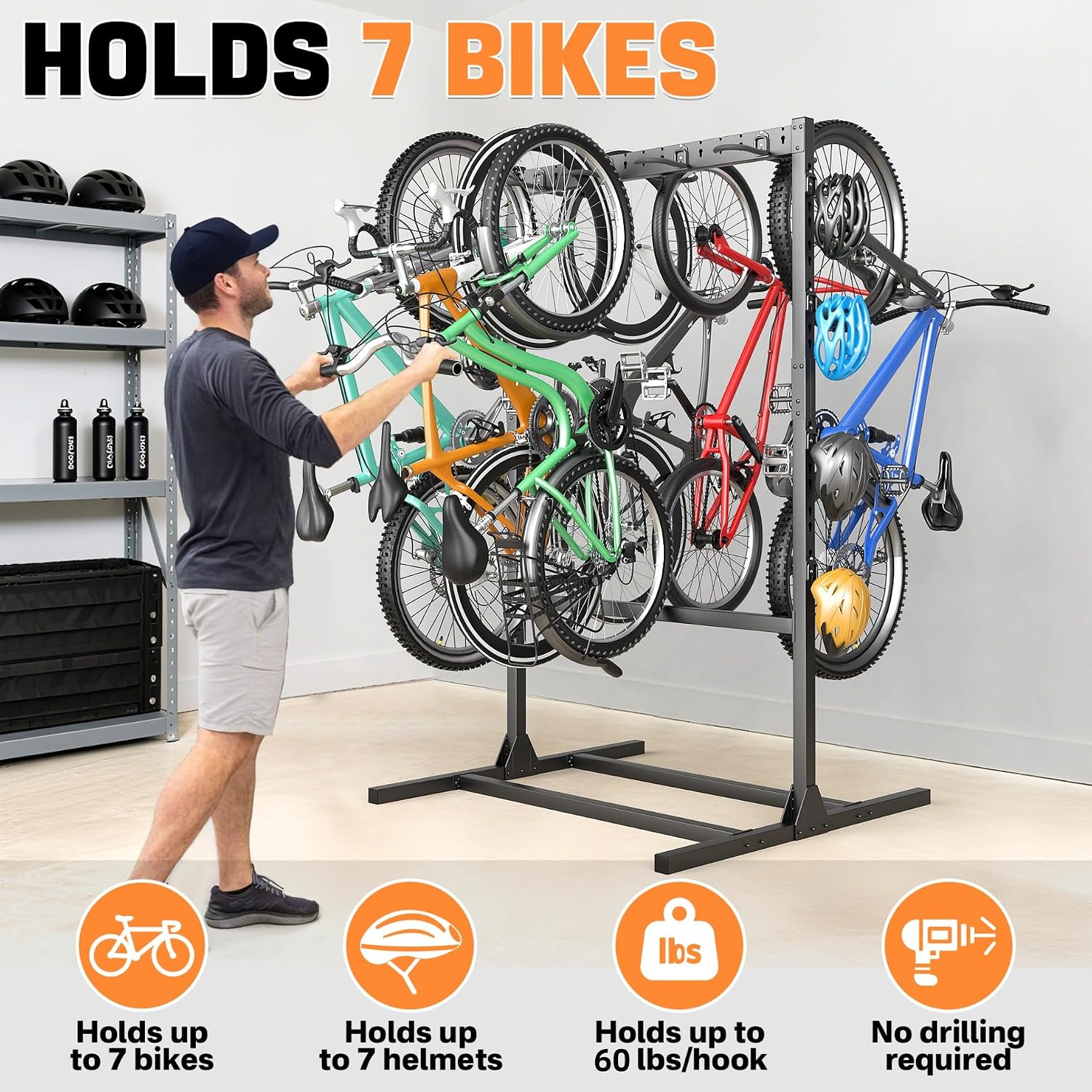 TORACK Freestanding Bike Storage Stand for Garage, Heavy Duty 7 Bikes and 7 Helmets Vertical Bike Storage Stand Floor Bikes Storage Rack