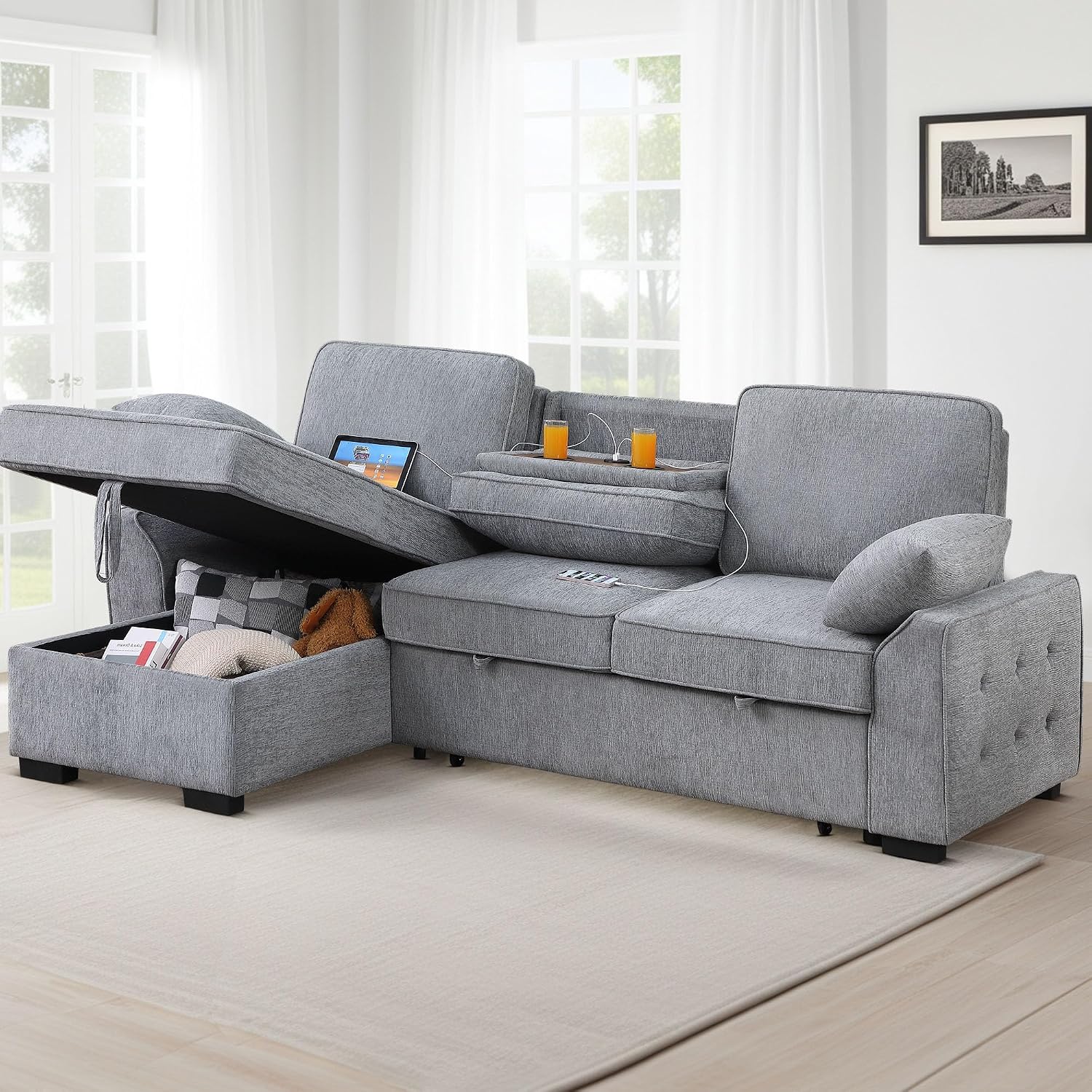 ERYE L-Shaped Pull Out Sleeper Couch Bed, Modern Chenille Upholstered Button Tufted Corner Couch Reversible Sectional Sleeper Sofa Bed W/Storage Chaise, Cup Holders