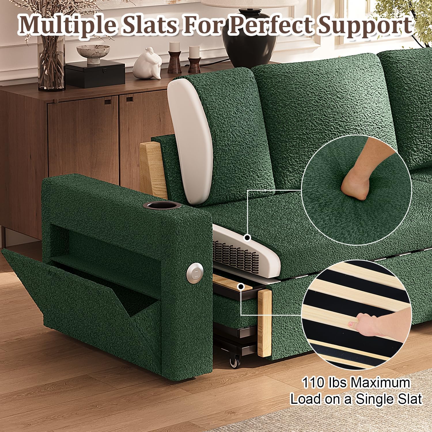 KCGKCG Sleeper Sofa Bed, 4-in-1 Pull Out Couch with Reversible Chaise | Dual USB & Type-C Charging | Dual Cup Holders | Layered Storage (Armrest + Chaise) for Living Room (Classic Green)