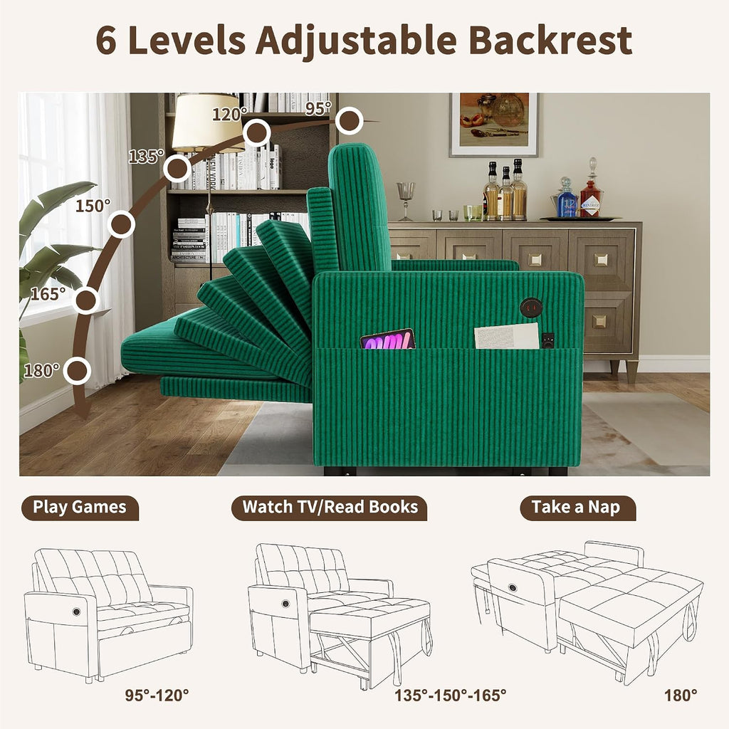 3 in 1 Convertible Sleeper Sofa Bed, Pull Out Couch with Charging Station, Corduroy Small Loveseat Sleeper Sofa with Adjustable Backrest for Apartment, Bedroom, Small Space（Green）