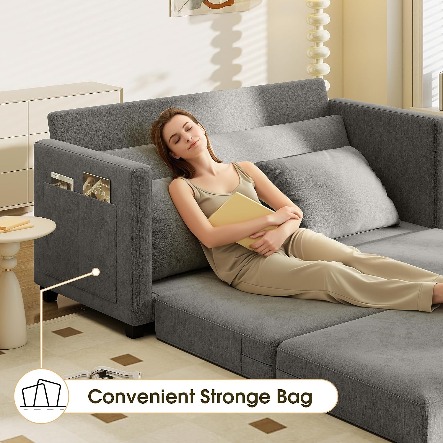 Myroyalsit 65' Convertible Loveseat Sofa Bed, 2-in-1 Folding Sofa Bed with 2 Pillow for Small Spaces, Modern Loveseat Sleeper Couch for Apartment, Living Room & Guest Room (Grey Chenille, 65 inch)