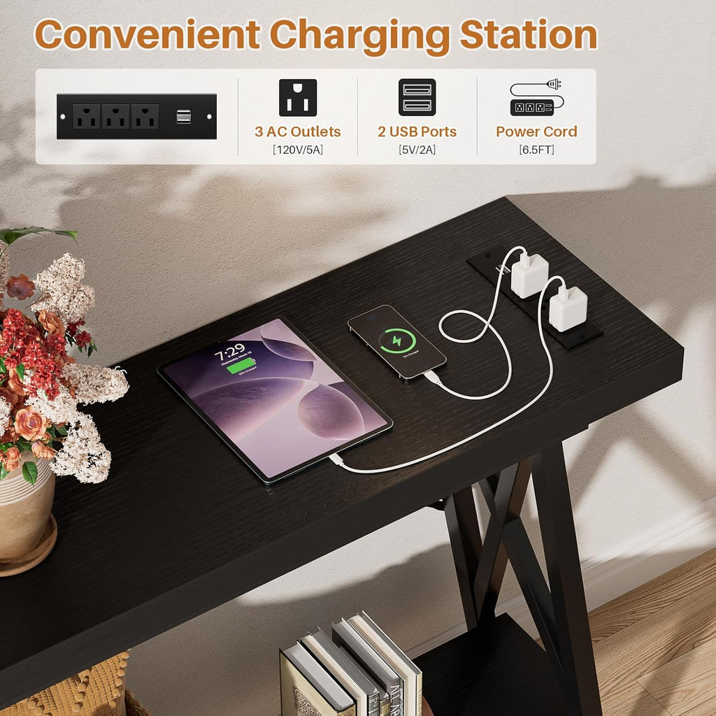 Homieasy 70.9 Inch Extra Long Console Table, Industrial Sofa Table Behind Couch with Charging Station & Storage Shelf, Entryway Table for Living Room & Entryway, Black
