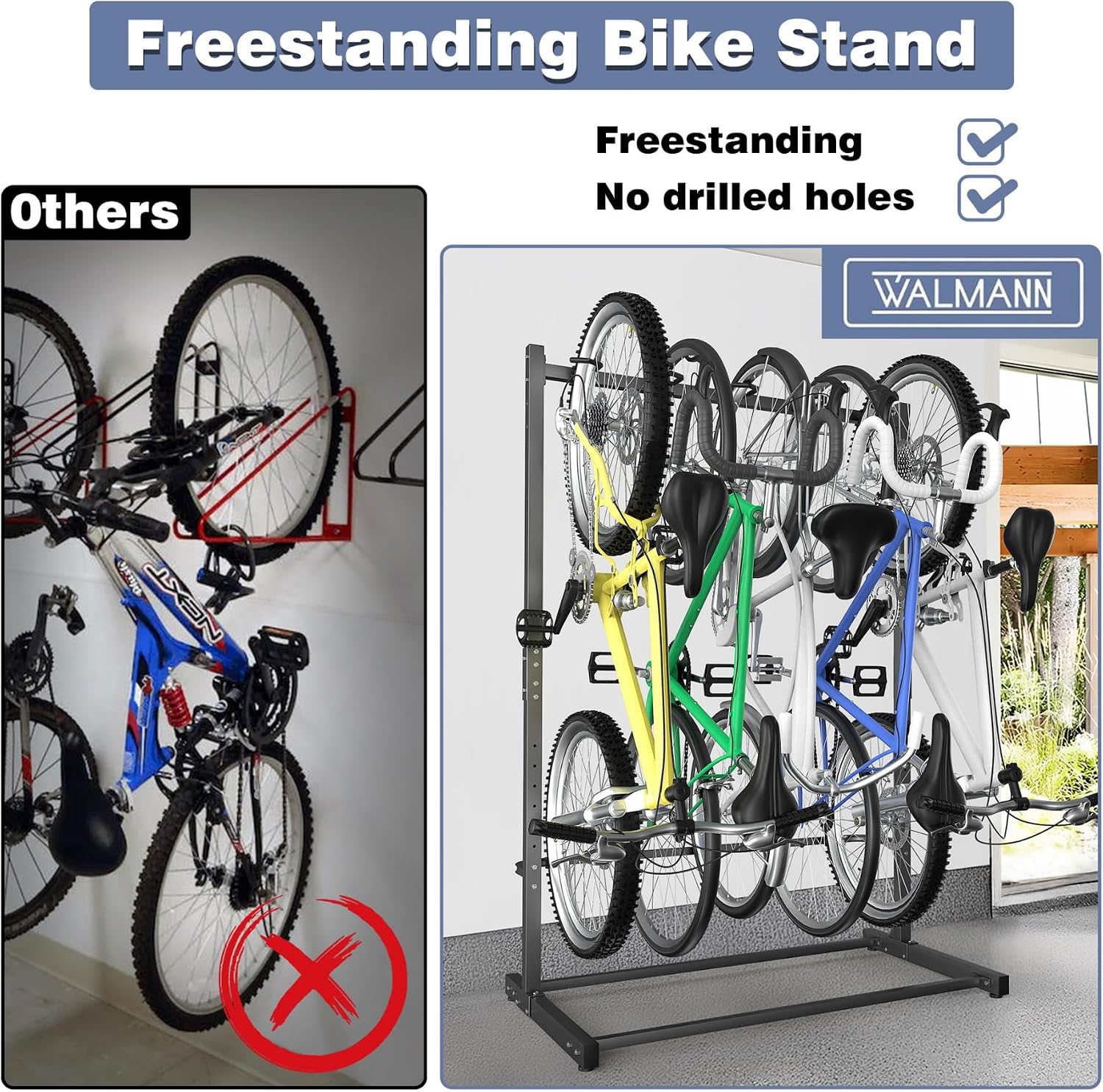 WALMANN Freestanding Bike Stand for Garage, 5 Bikes Vertical Bike Storage Stand Heavy Duty Bike Floor Stand, Holds Up to 70 lbs/Hook
