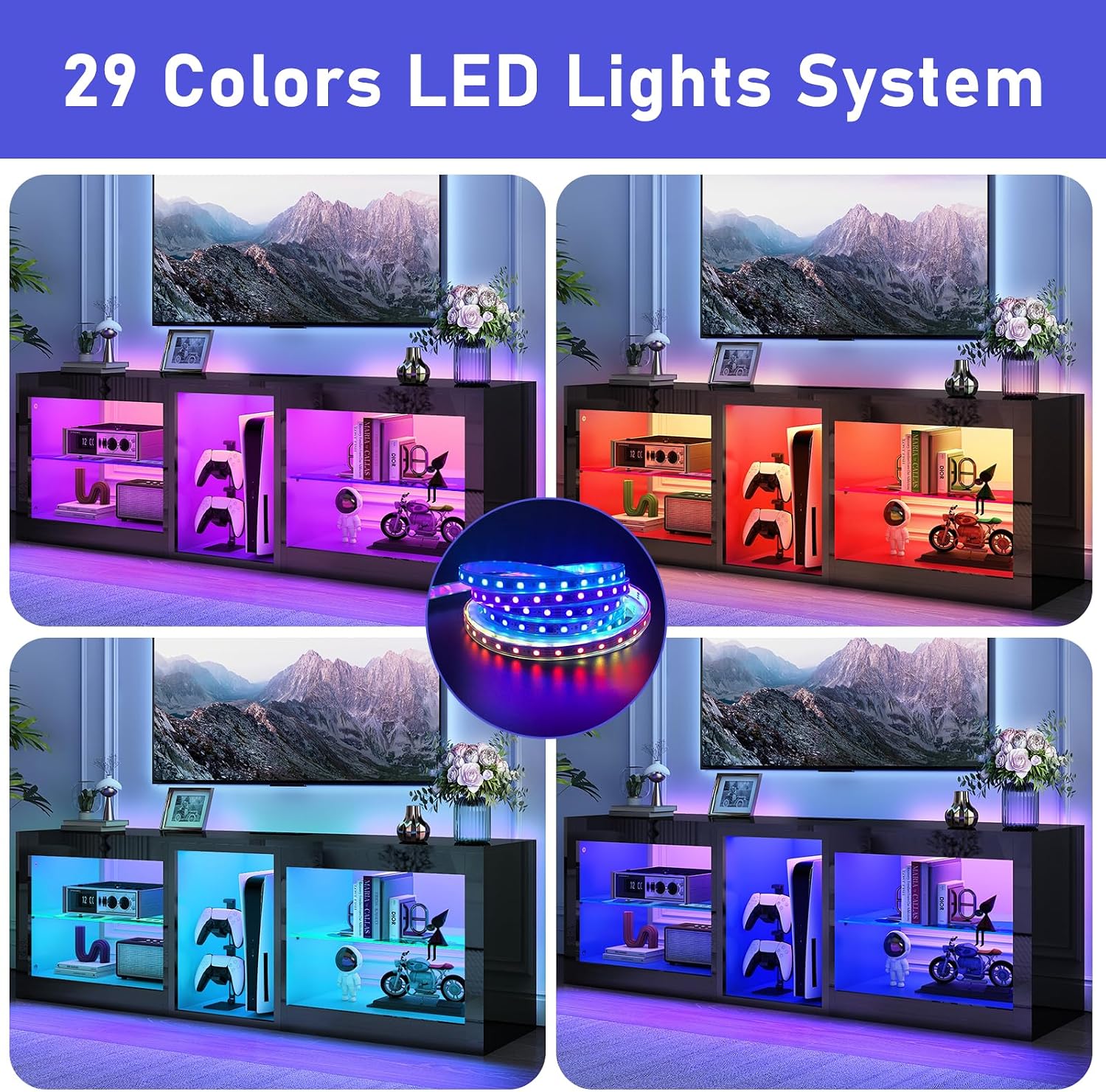 chartustriable LED TV Stands W/Power Outlet for 65 70Inch TV,63' Modern Entertainment Center W/7000-Colors Light for P S 5,High Gloss TV Console w/Adjustable Shelves for Living Room Gameroom(Black)
